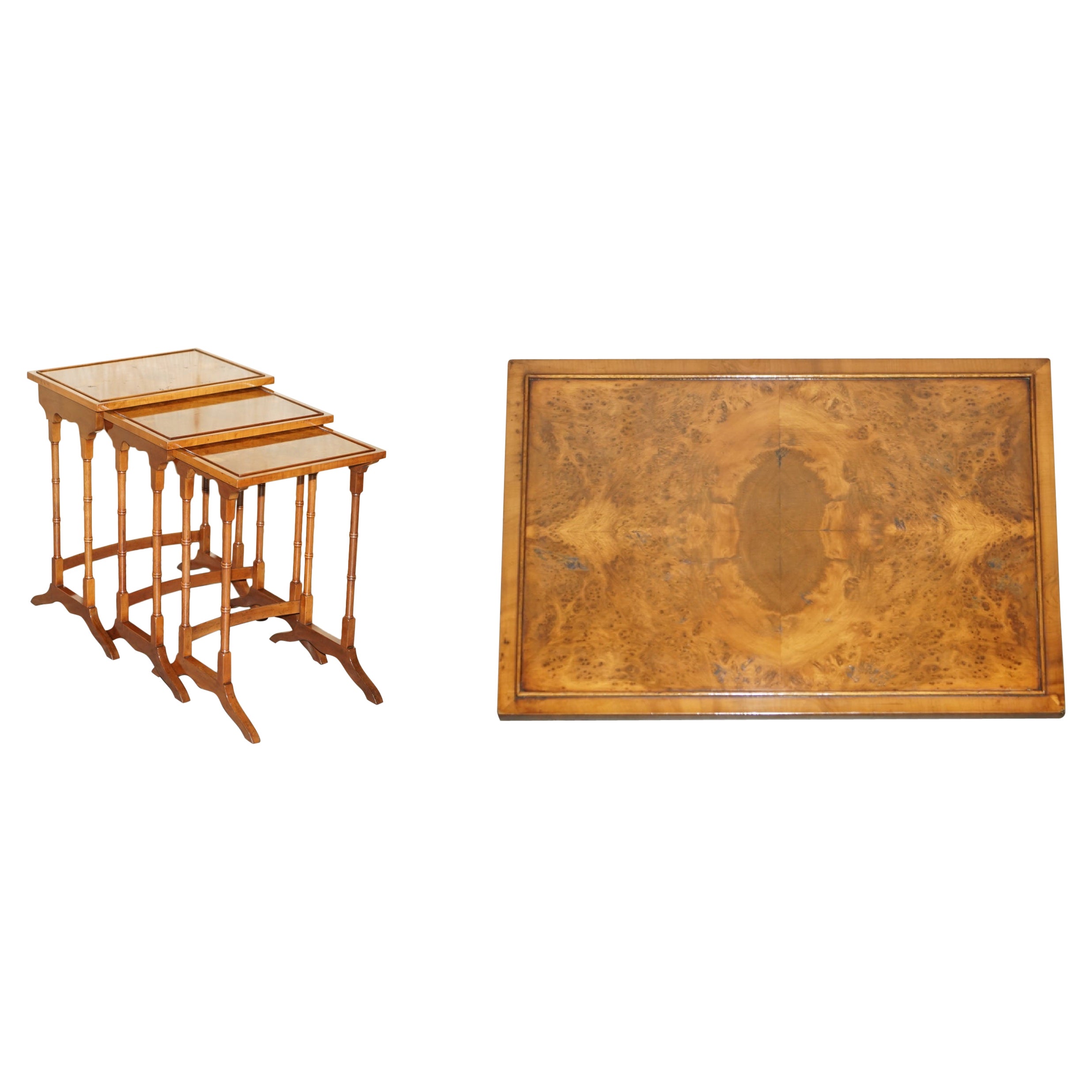 Lovely Vintage Burr Walnut Chippendale Style Nest of Three Side End Lamp Tables