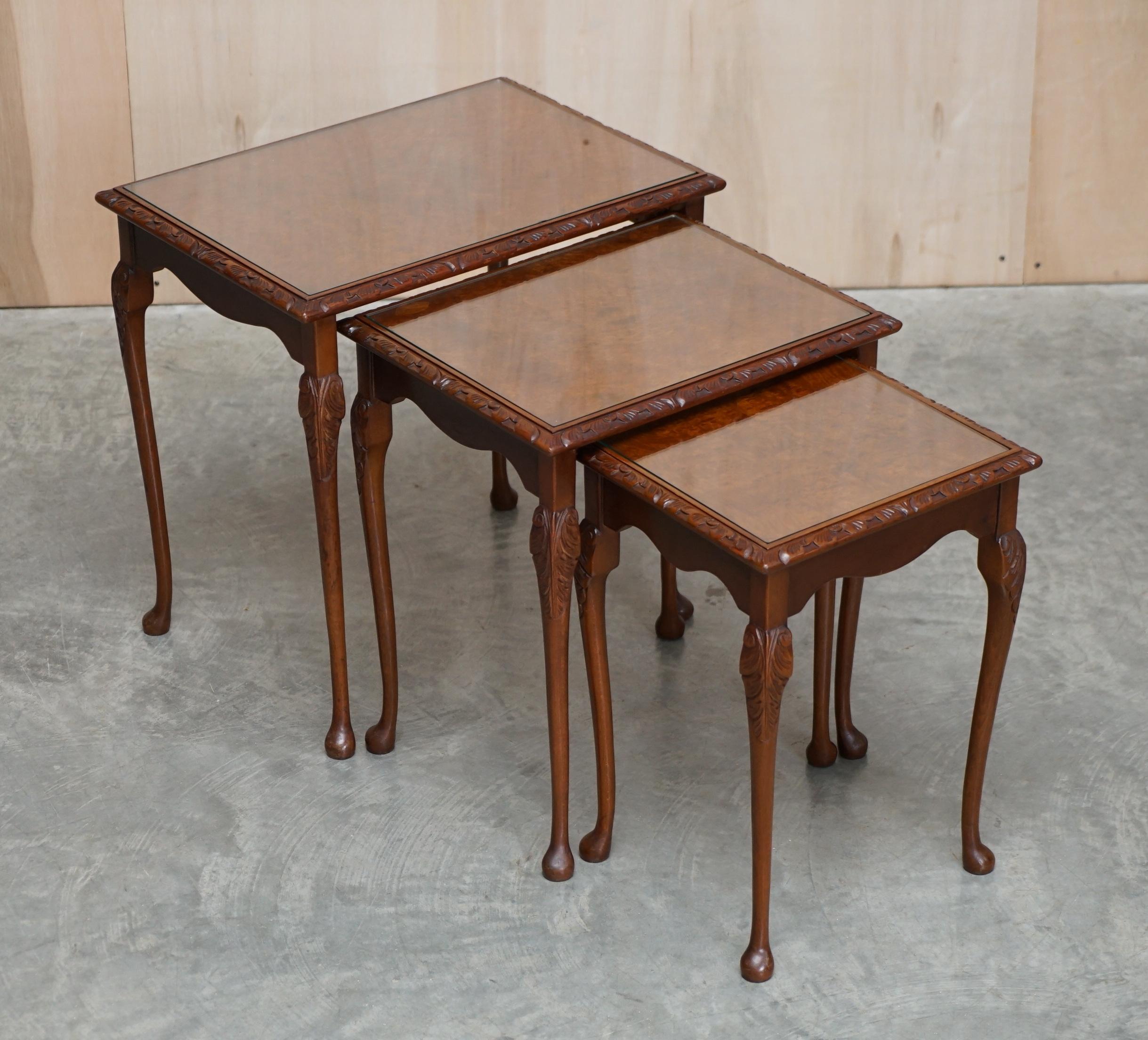 We are delighted to offer for sale this lovely vintage suite of Burr Walnut nest of tables 

A good looking, well made and decorative suite, each table has a lovely patinated top, they stack perfectly away, the design was invented by Thomas