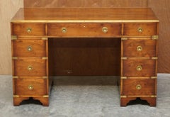 Lovely Vintage Burr Yew Wood Brass Military Campaign Twin Pedestal Partners Desk