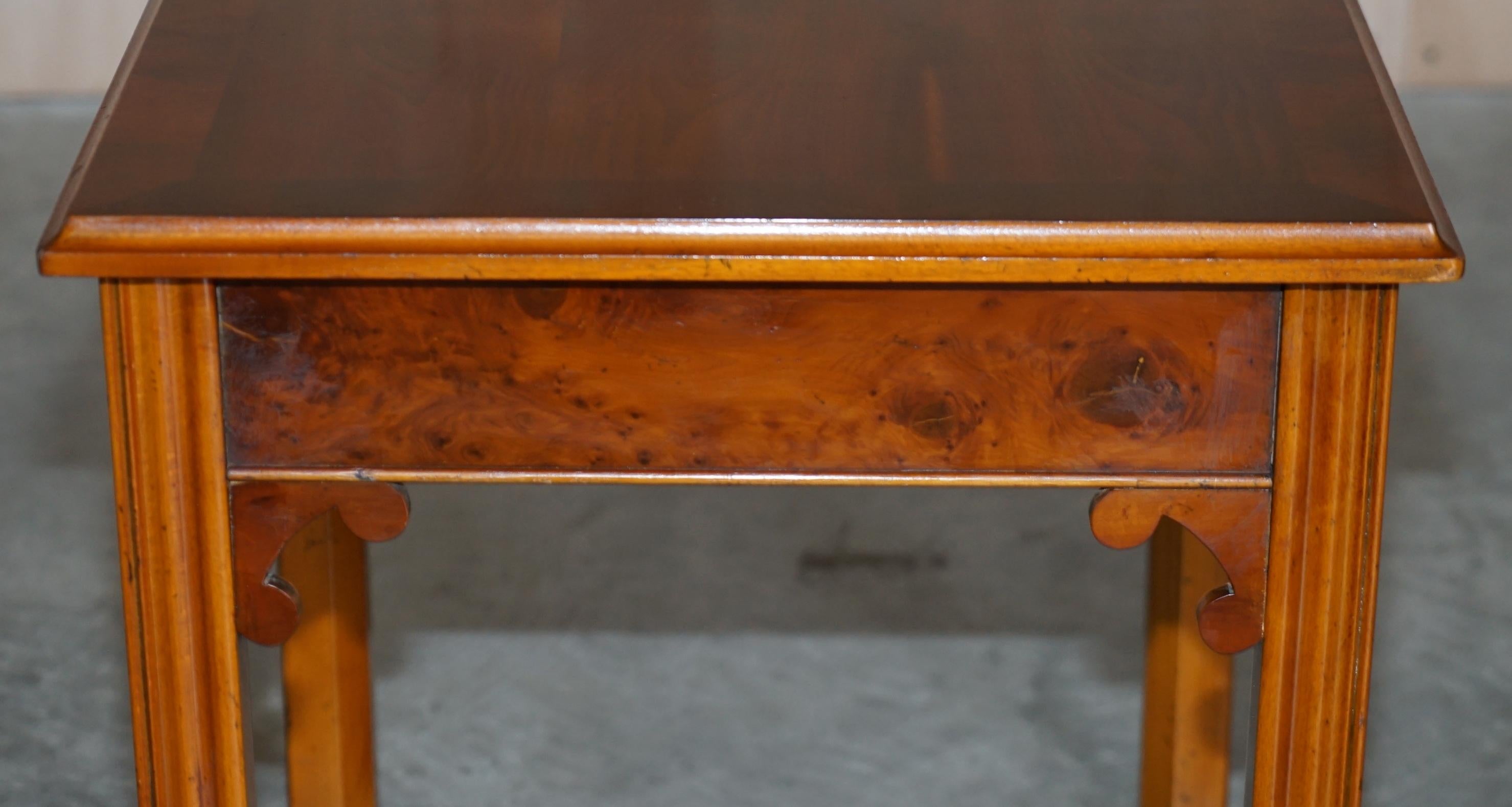 Lovely Vintage Burr Yew Wood Side End Lamp Wine Table with Chippendale Arches For Sale 8