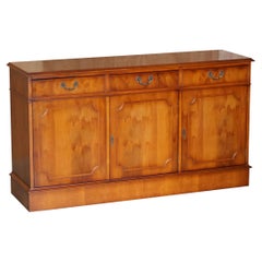 Lovely Vintage Burr Yew Wood Three Drawer & Cupboard Sideboard Baize Lined & Key
