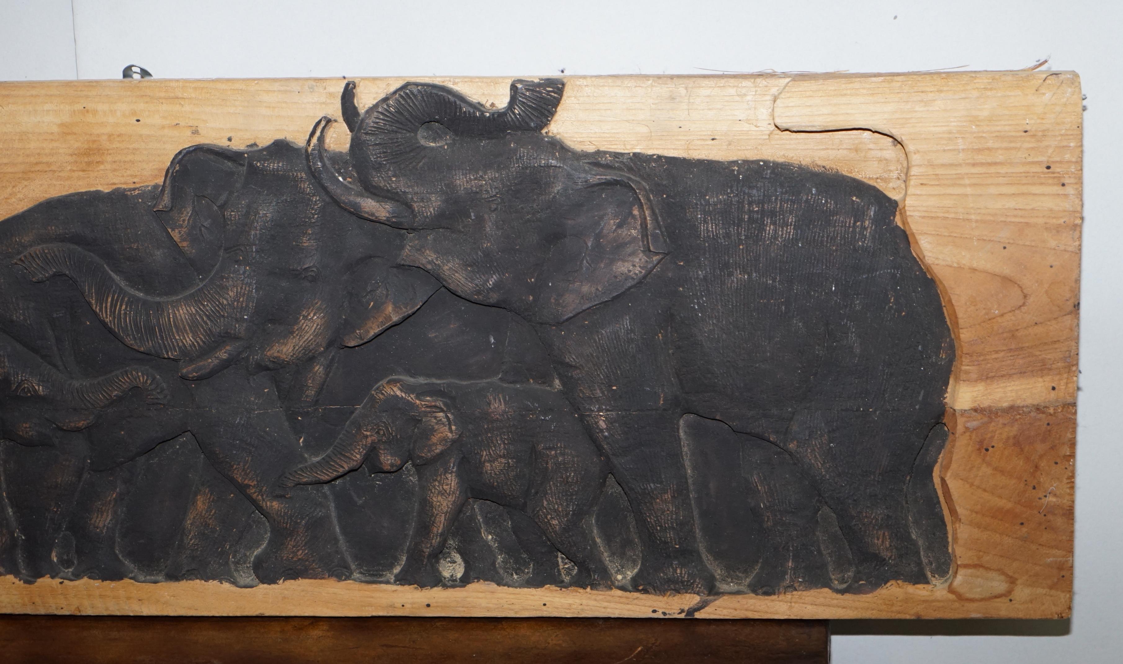 English Lovely Vintage Carved Wood Display Depicting a Herd of Elephants, circa 1960s For Sale