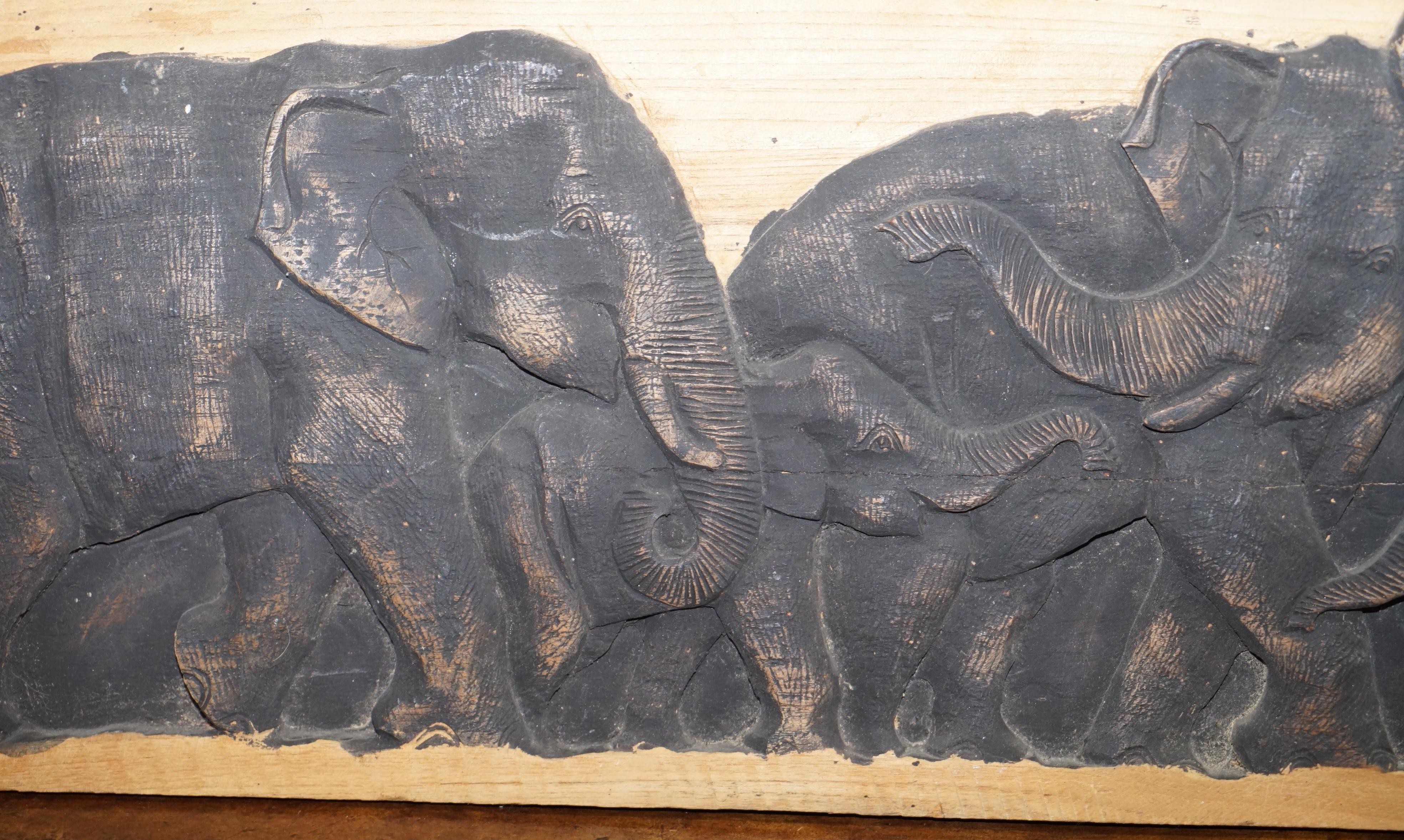 Hand-Crafted Lovely Vintage Carved Wood Display Depicting a Herd of Elephants, circa 1960s For Sale