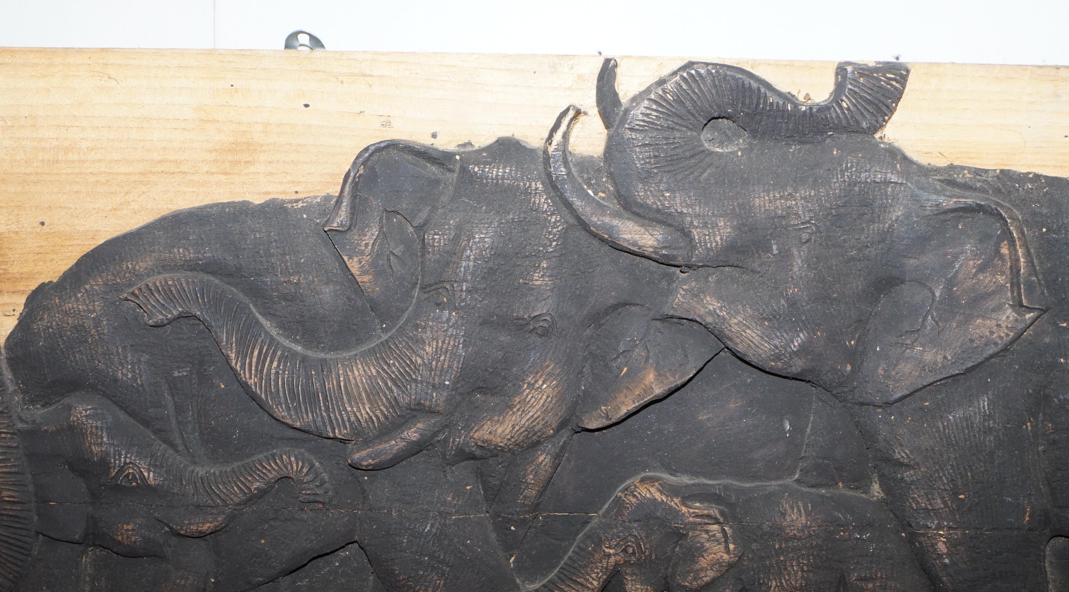 Mid-20th Century Lovely Vintage Carved Wood Display Depicting a Herd of Elephants, circa 1960s For Sale