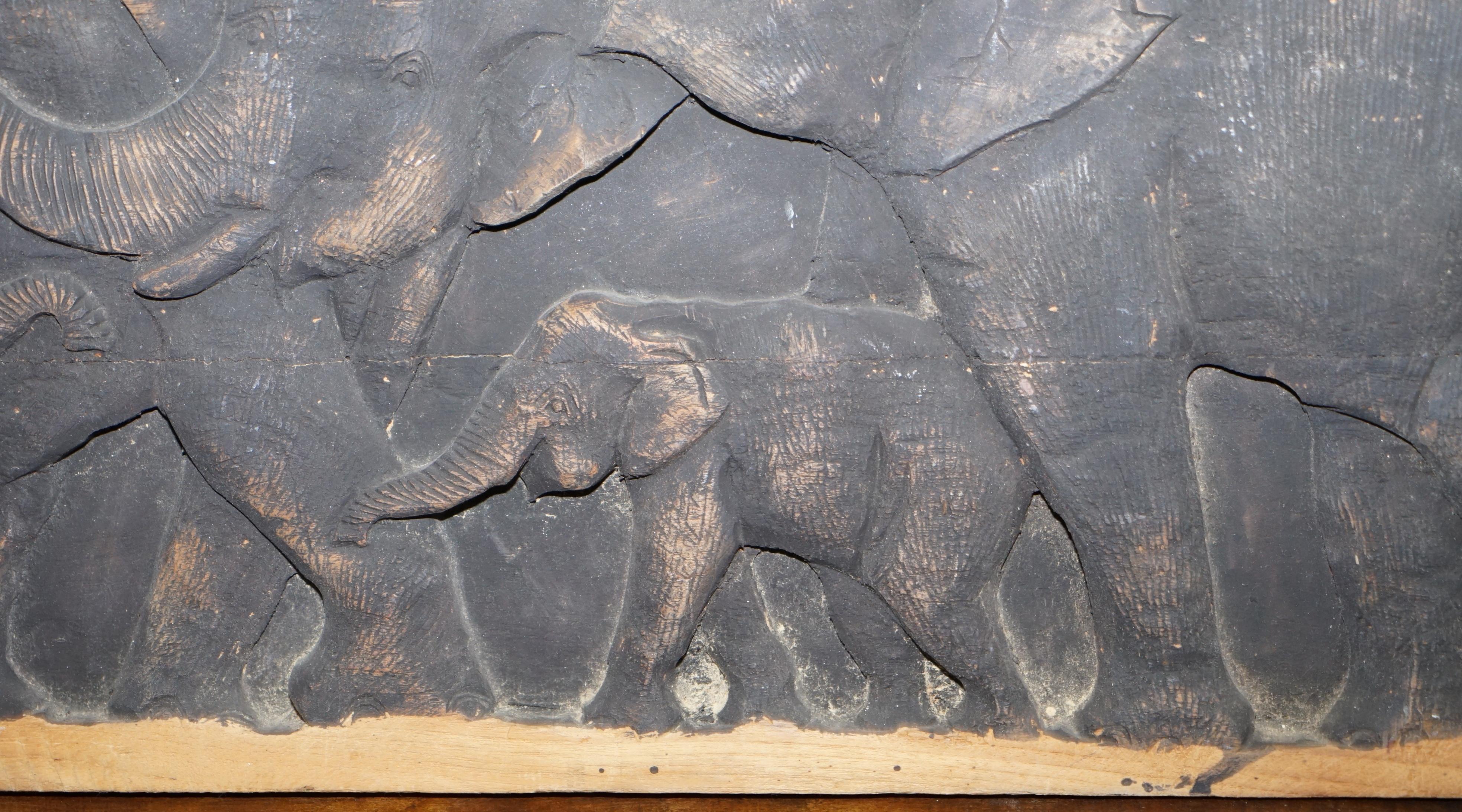 Oak Lovely Vintage Carved Wood Display Depicting a Herd of Elephants, circa 1960s For Sale