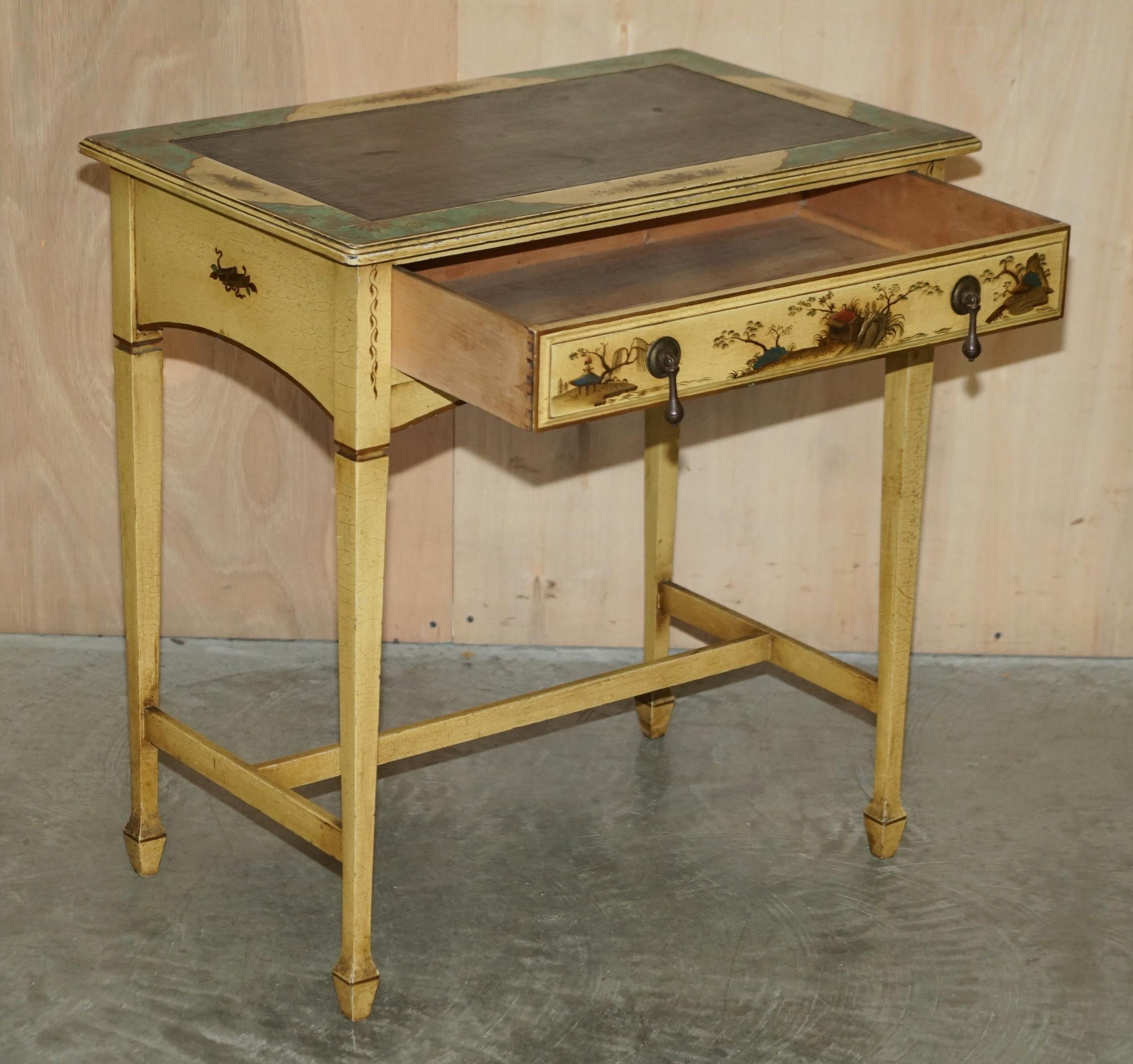 Lovely Vintage Chinese Chinoiserie Writing Table with Original Stool Leather Top For Sale 7
