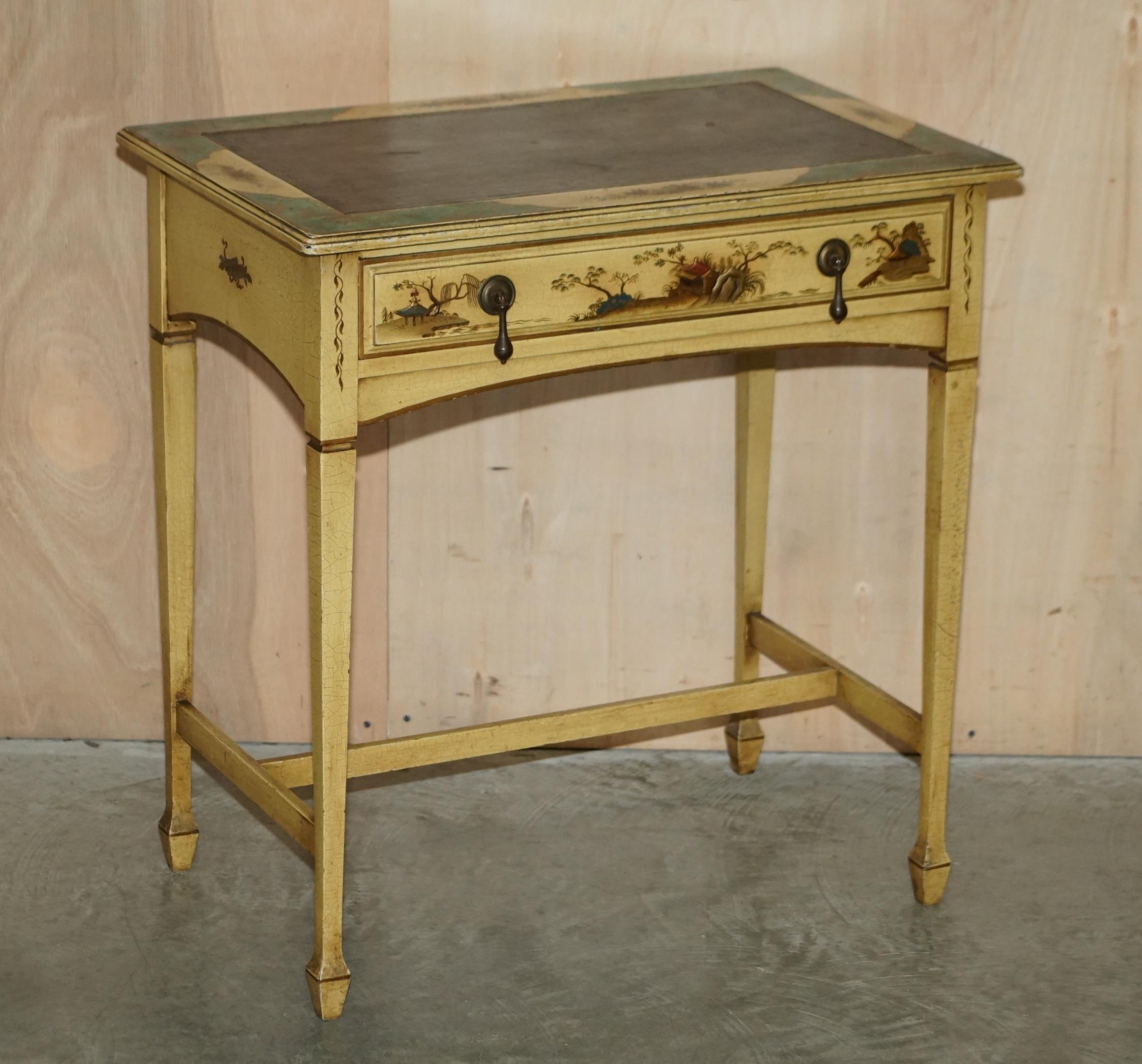 We are delighted to offer for sale this stunning small Chinese Chinoiserie hand painted and lacquered writing table with black leather writing surface and matching stool.

This is a very good looking and well made piece in my favourite style which