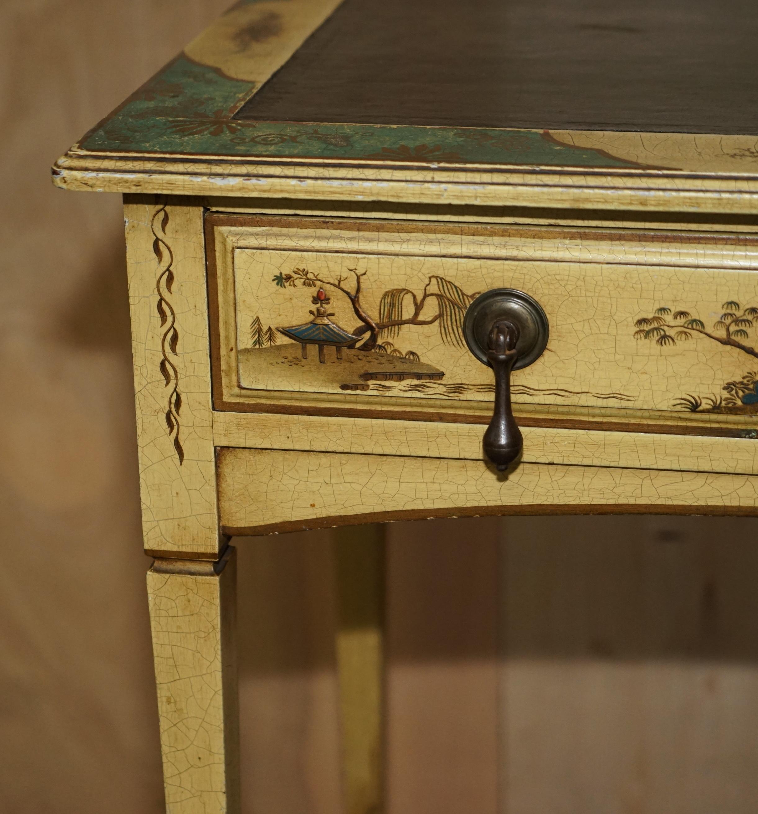 Oak Lovely Vintage Chinese Chinoiserie Writing Table with Original Stool Leather Top For Sale