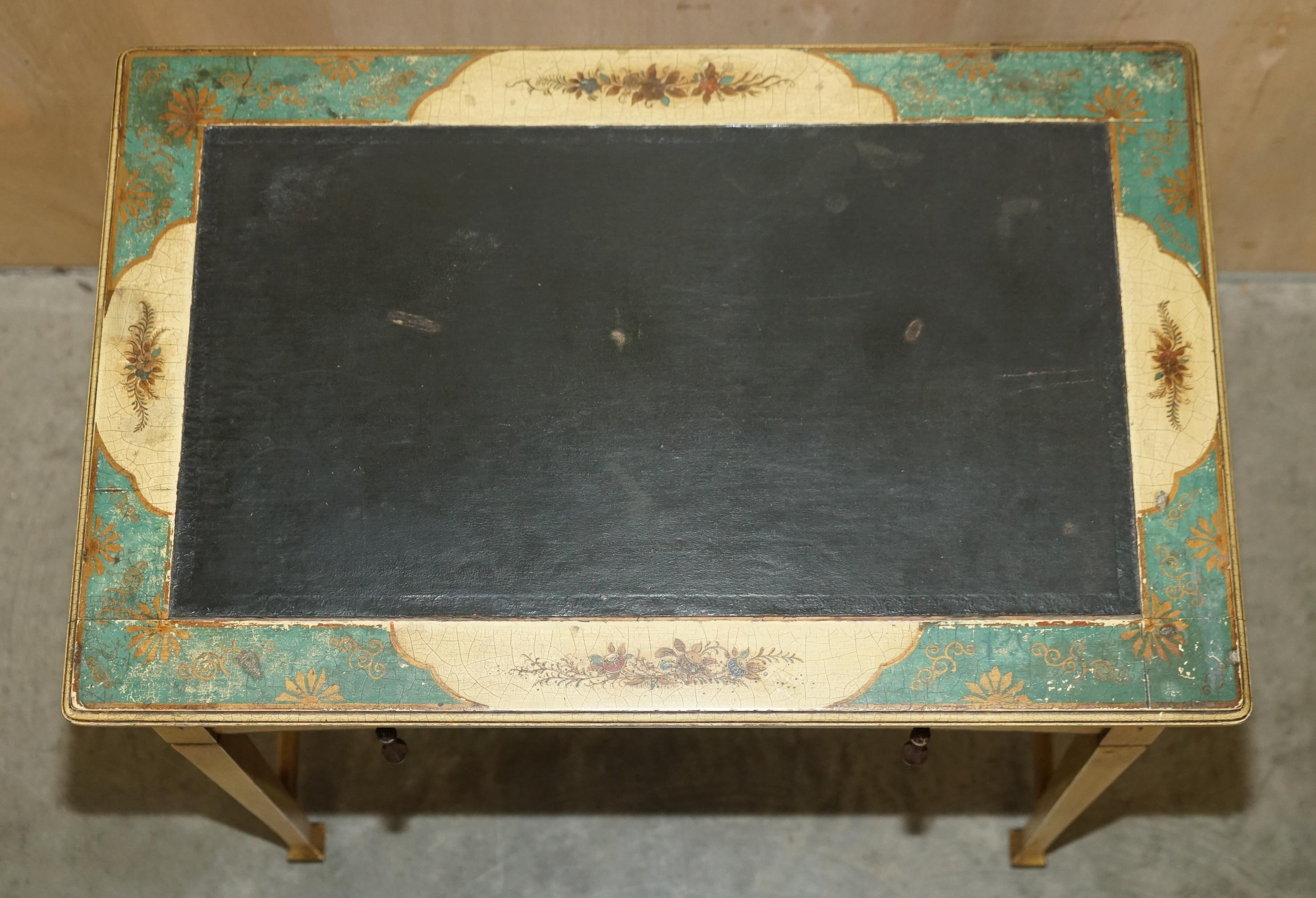 Lovely Vintage Chinese Chinoiserie Writing Table with Original Stool Leather Top For Sale 2