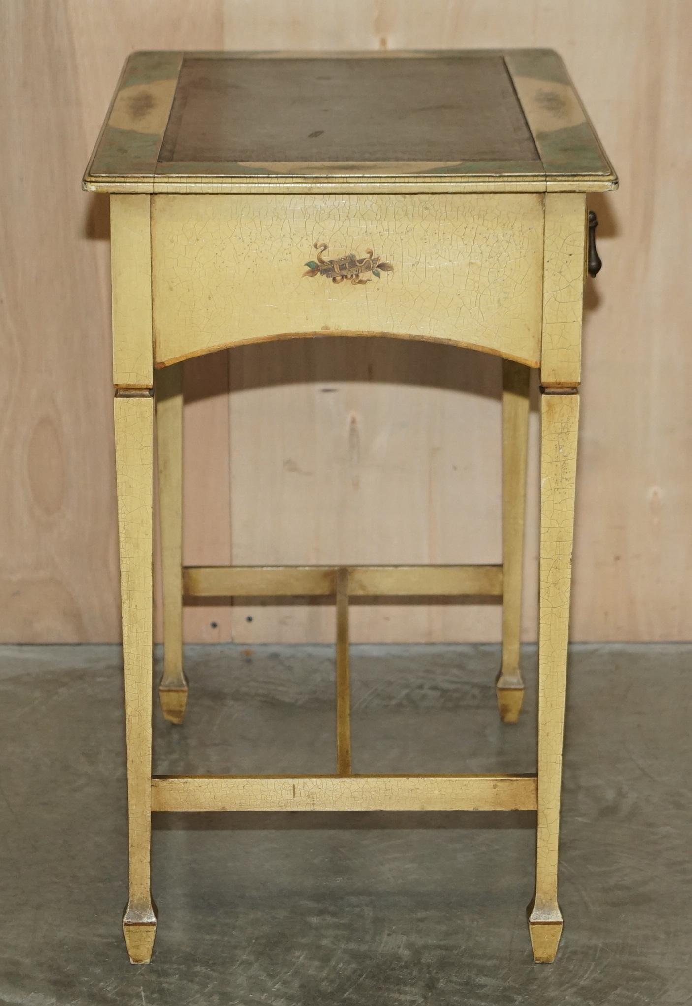 Lovely Vintage Chinese Chinoiserie Writing Table with Original Stool Leather Top For Sale 4