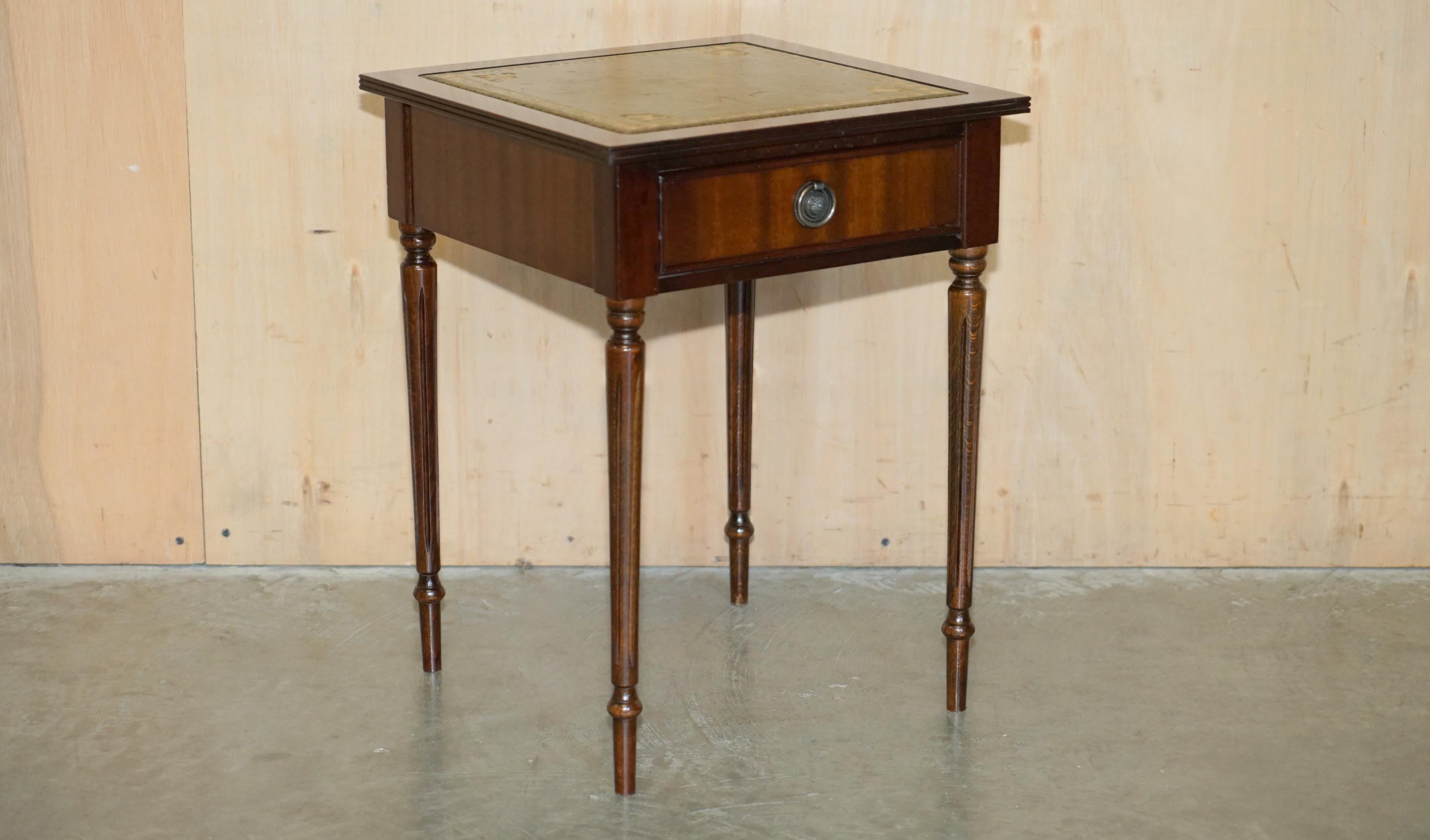 Royal House Antiques

Royal House Antiques is delighted to offer for sale this lovely vintage circa 1940's hand made in England side table with British Racing green, gold leaf embossed top and large single drawer

Please note the delivery fee listed