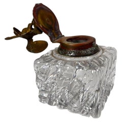 Antique Vintage Cut Crystal Inkwell Brass Eagle Top