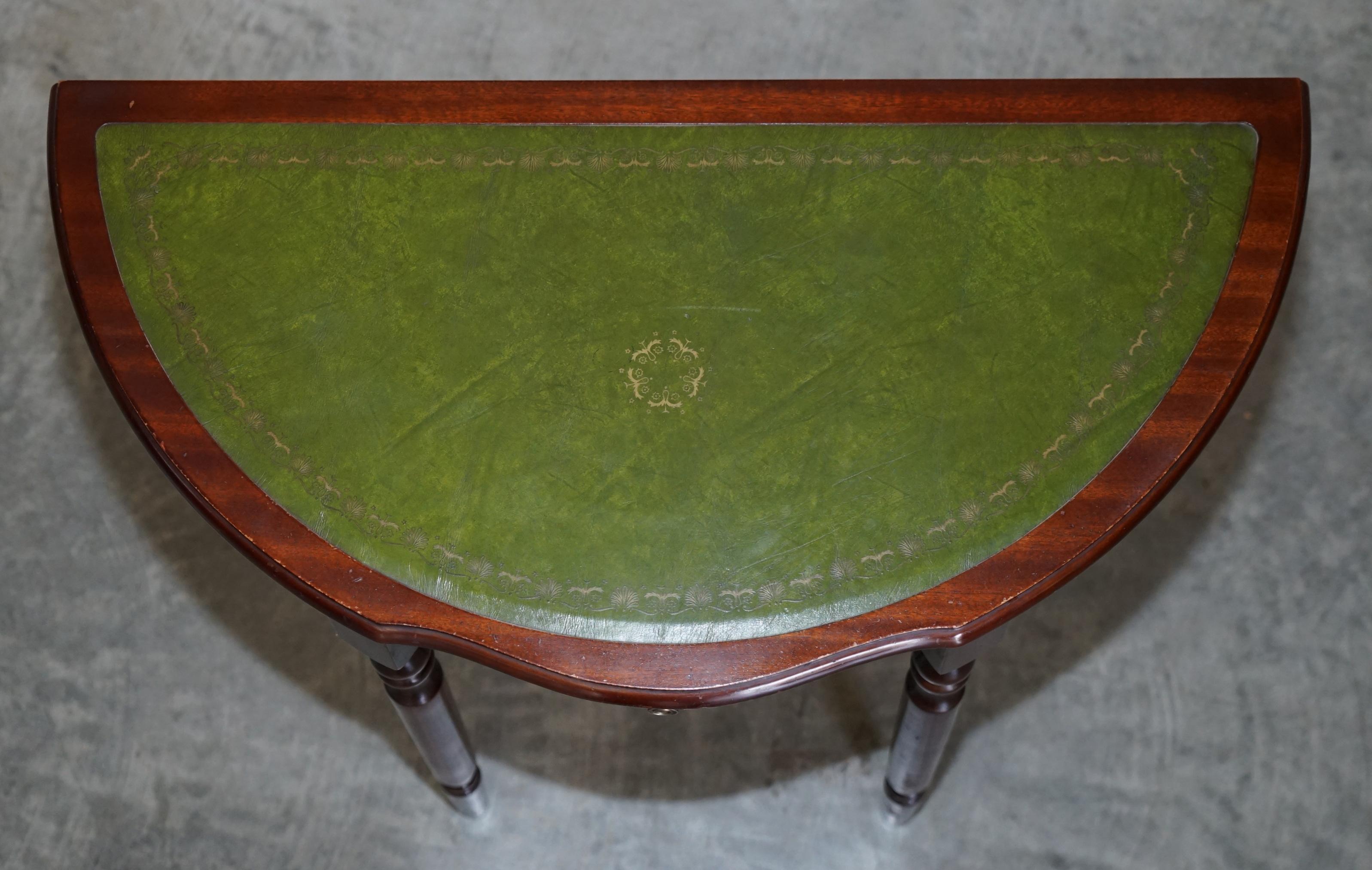 English Lovely Vintage Demi Lune Console Table with Green Leather Top and Single Drawer