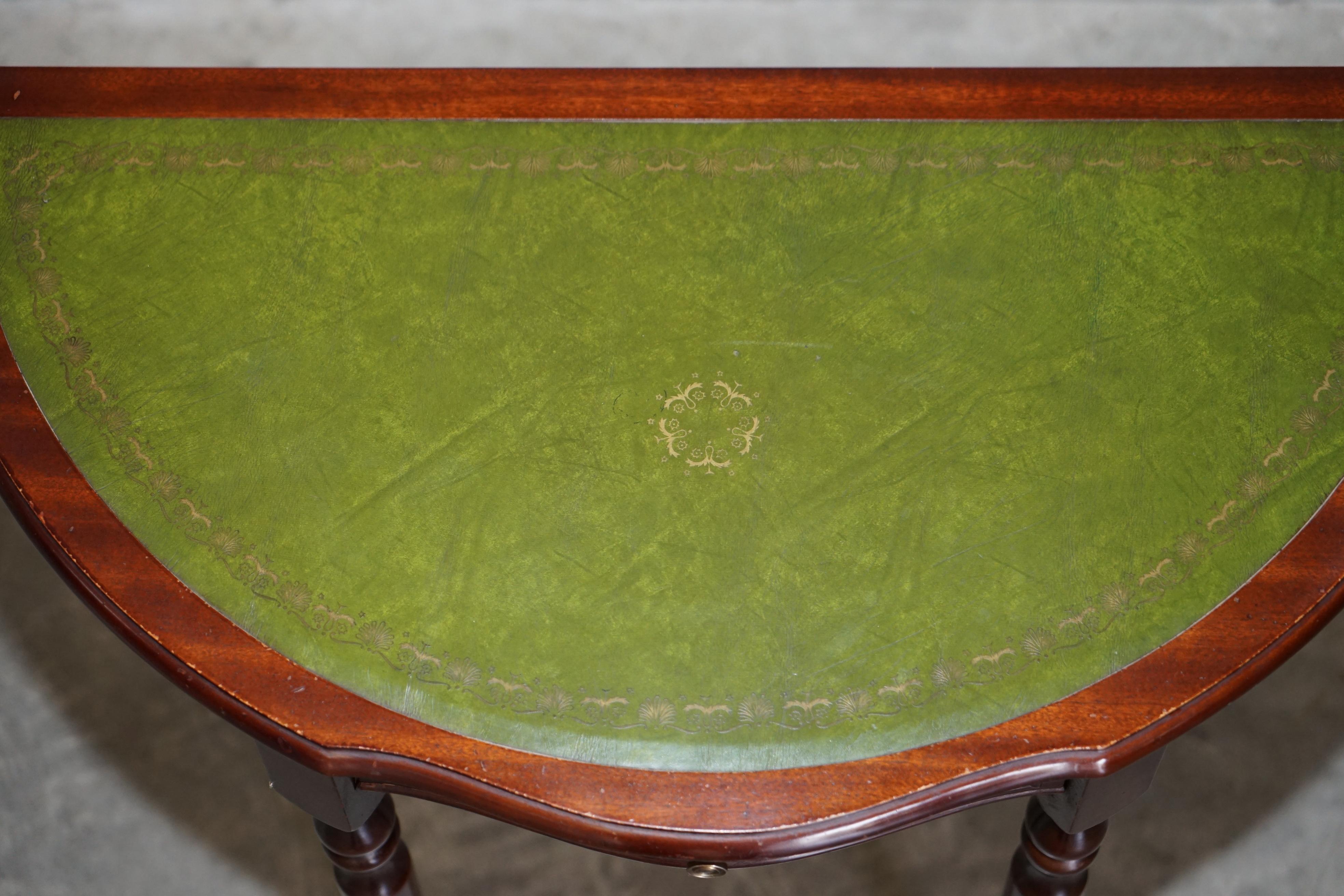20th Century Lovely Vintage Demi Lune Console Table with Green Leather Top and Single Drawer