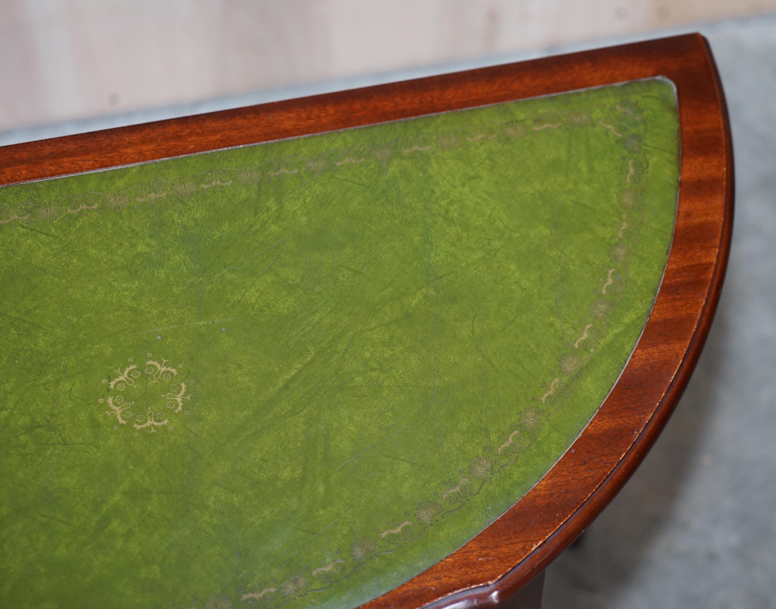Hardwood Lovely Vintage Demi Lune Console Table with Green Leather Top and Single Drawer