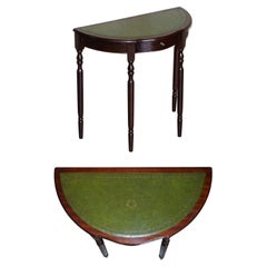 Lovely Vintage Demi Lune Console Table with Green Leather Top and Single Drawer