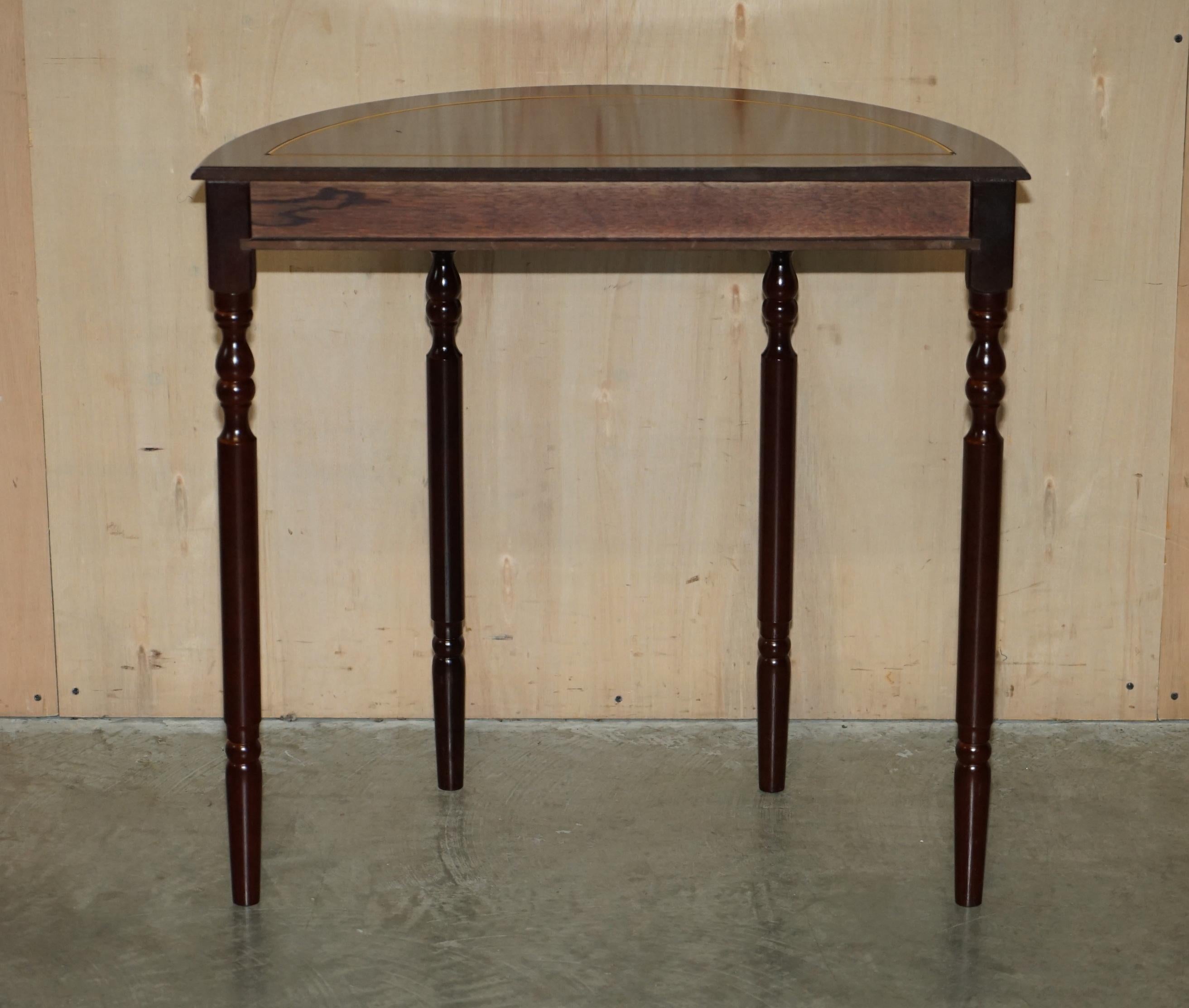 Lovely Vintage Demi Lune Console Table with Single Drawer in Flamed Hardwood For Sale 8