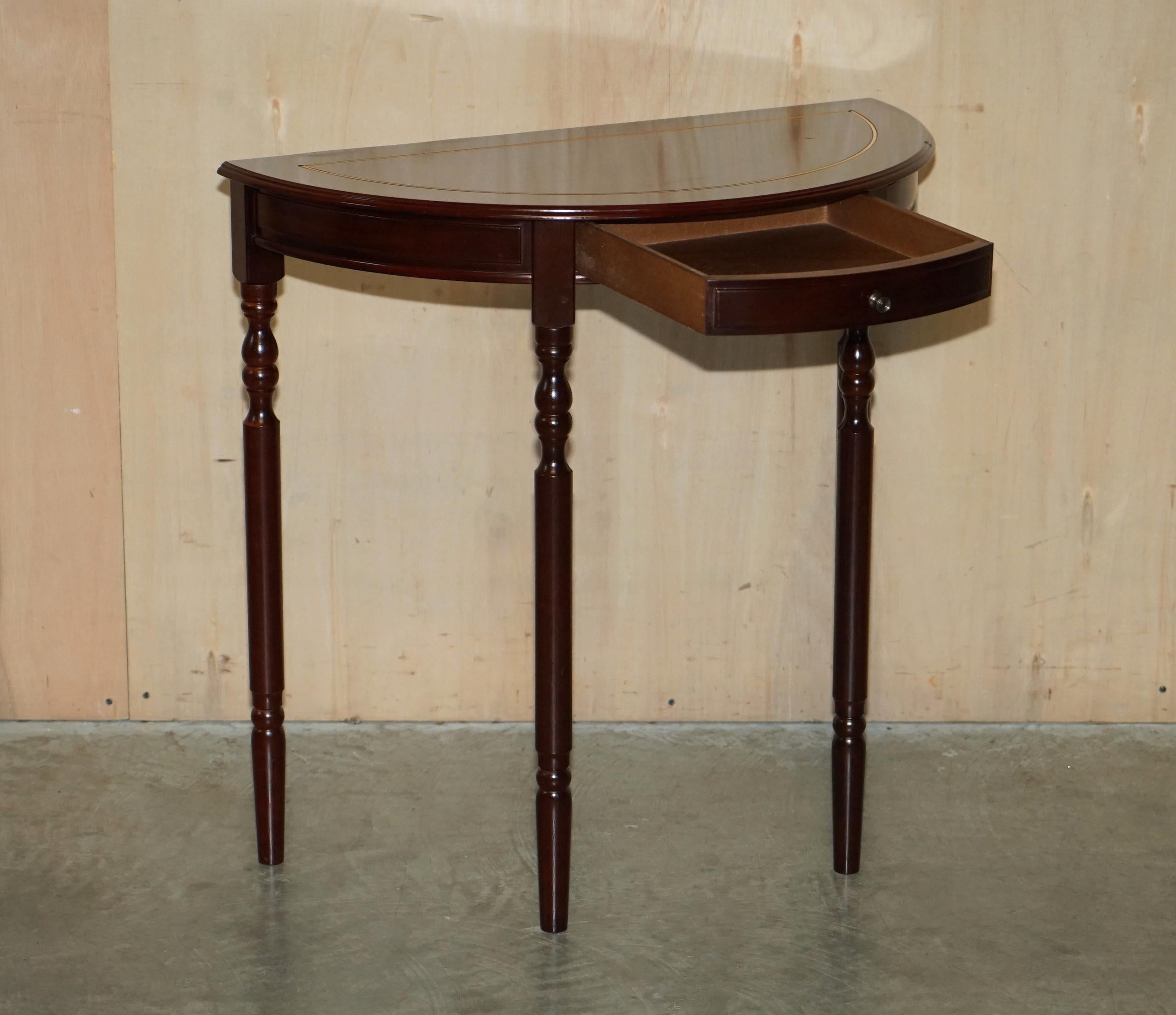 Lovely Vintage Demi Lune Console Table with Single Drawer in Flamed Hardwood For Sale 10
