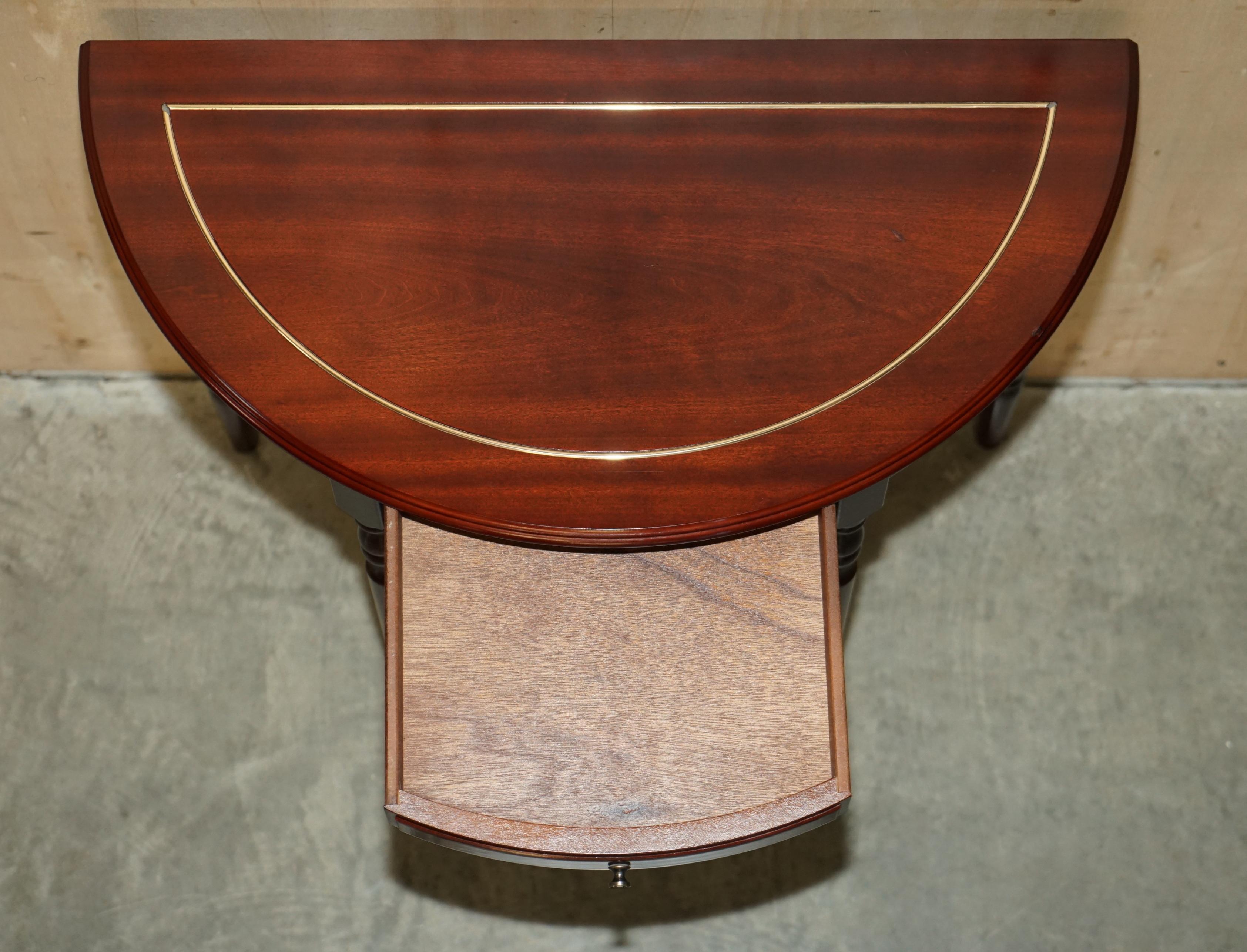 Lovely Vintage Demi Lune Console Table with Single Drawer in Flamed Hardwood For Sale 12
