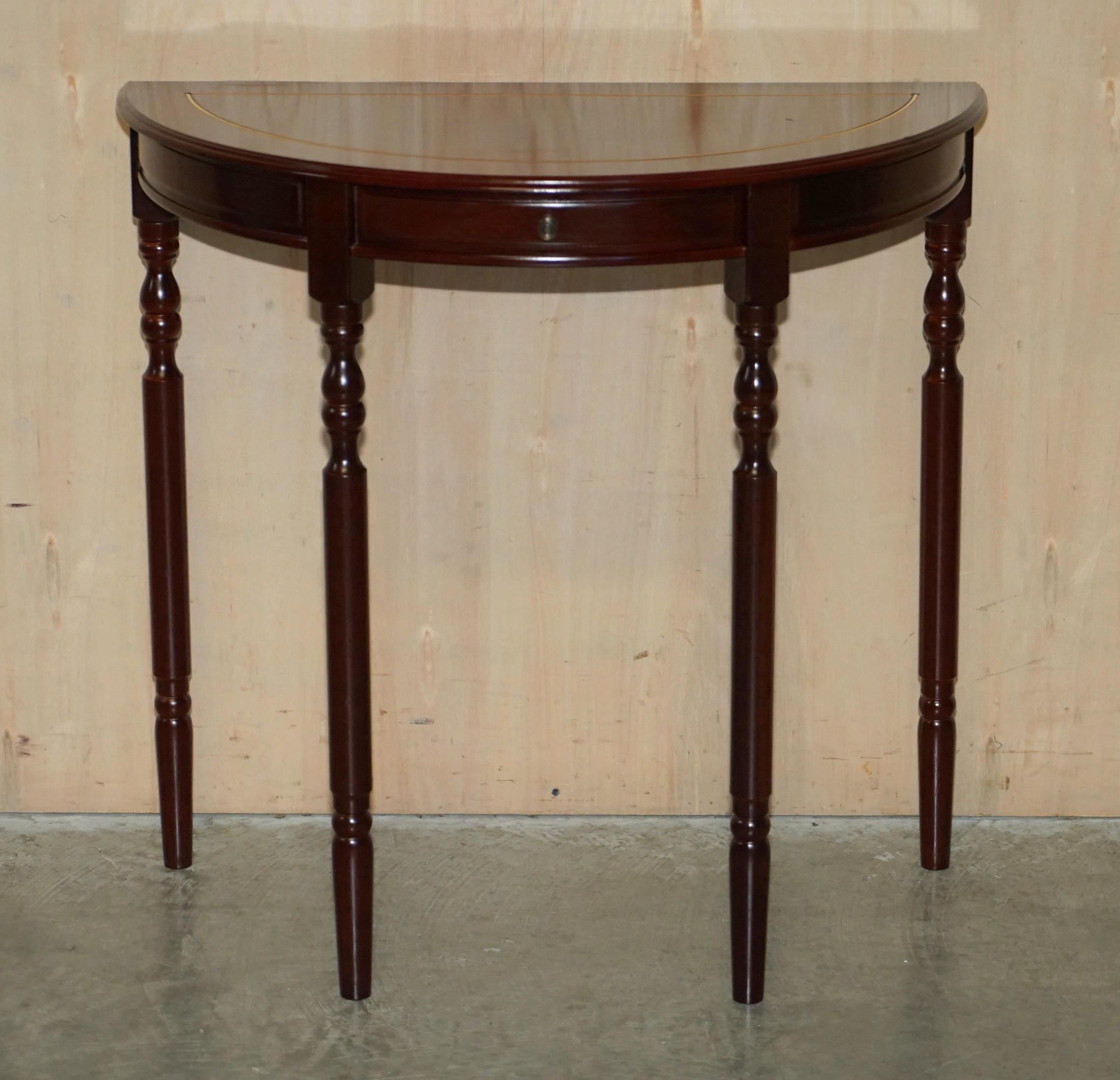 Victorian Lovely Vintage Demi Lune Console Table with Single Drawer in Flamed Hardwood For Sale