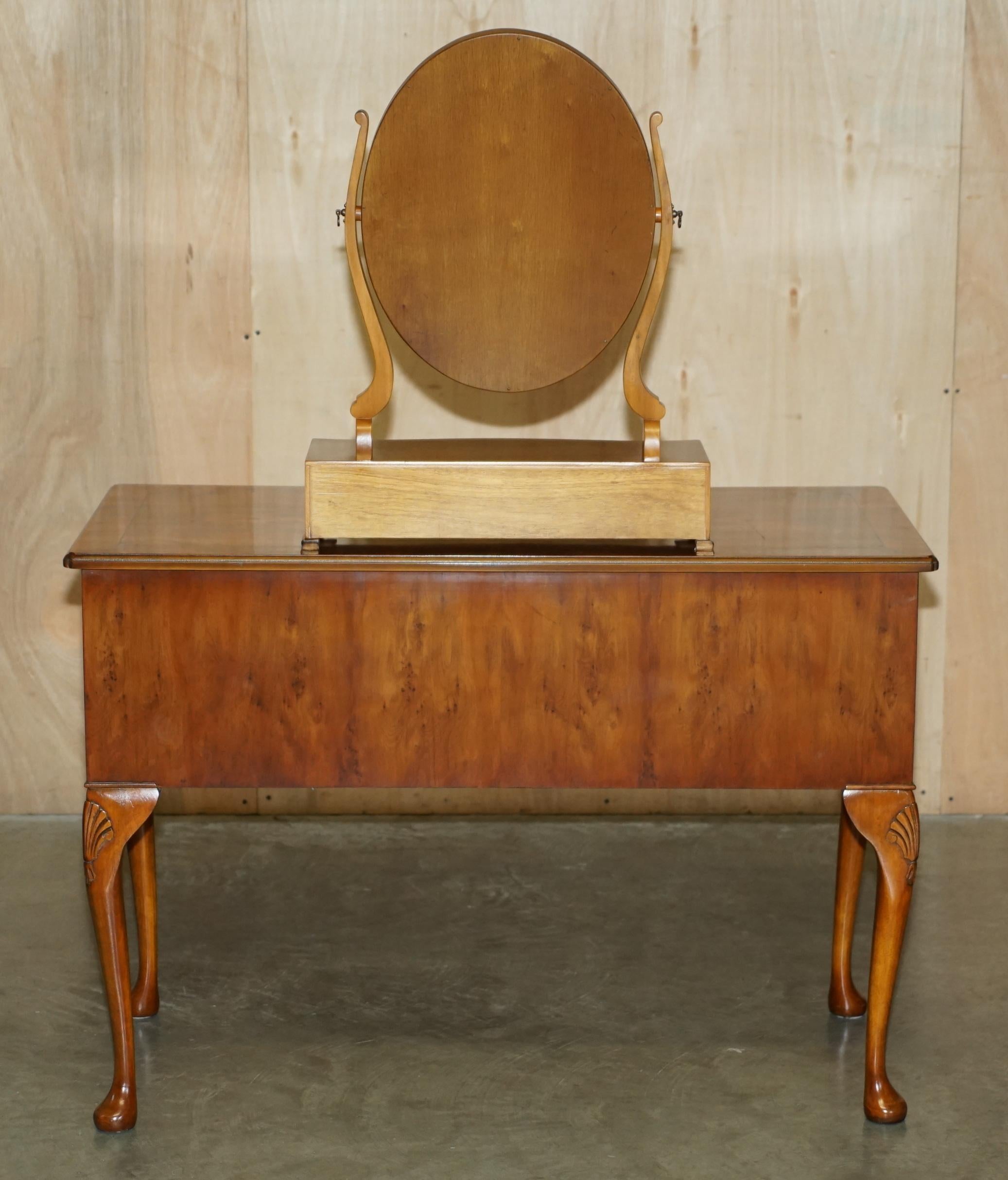LOVELY VINTAGE ENGLISH BURR WALNUT DRESSING TABLE, MIRROR AND SiDE CHAIR For Sale 4