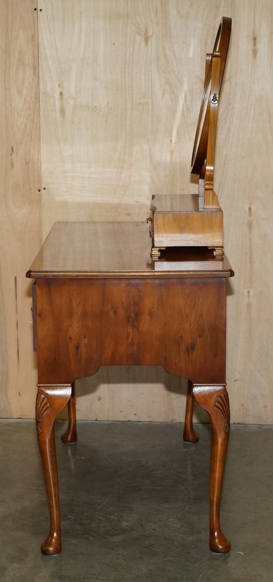 LOVELY VINTAGE ENGLISH BURR WALNUT DRESSING TABLE, MIRROR AND SiDE CHAIR For Sale 6