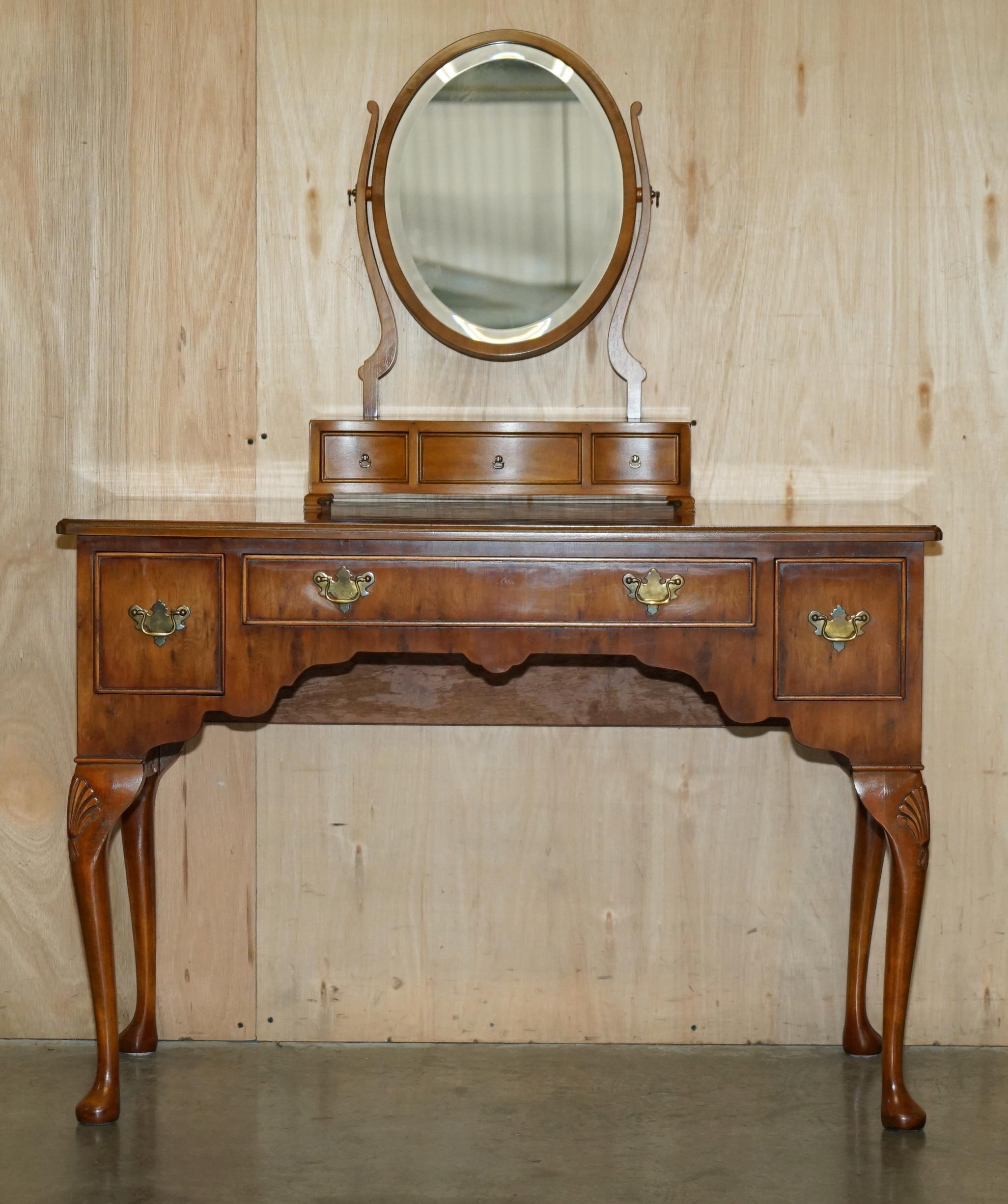 Mid-Century Modern LOVELY VINTAGE ENGLISH BURR WALNUT DRESSING TABLE, MIRROR AND SiDE CHAIR For Sale