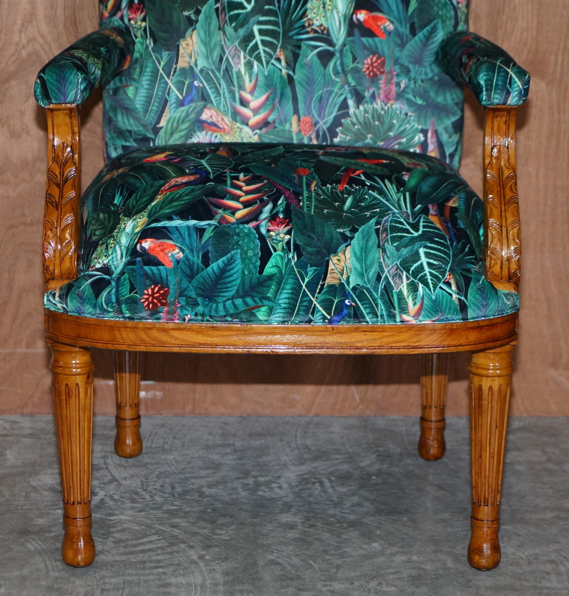 Lovely Vintage English Carver Walnut Armchair with Birds of Paradise Upholstery For Sale 7