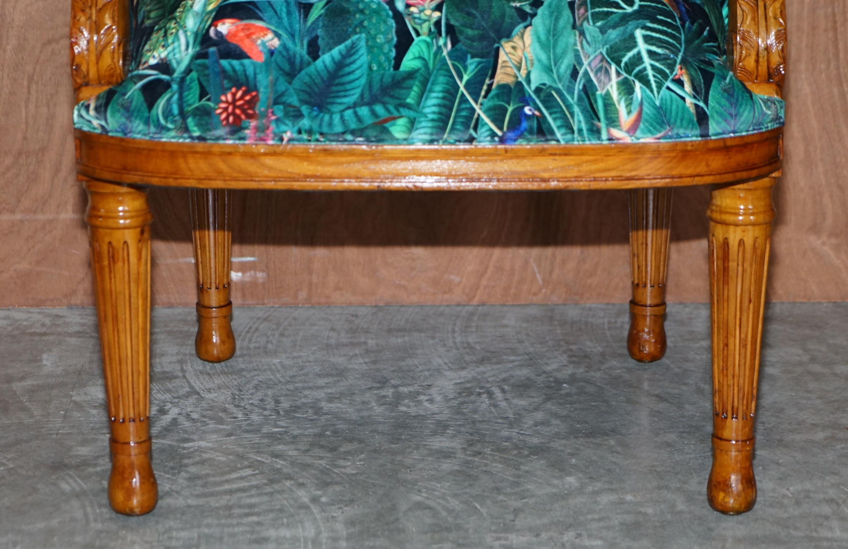 Lovely Vintage English Carver Walnut Armchair with Birds of Paradise Upholstery For Sale 8