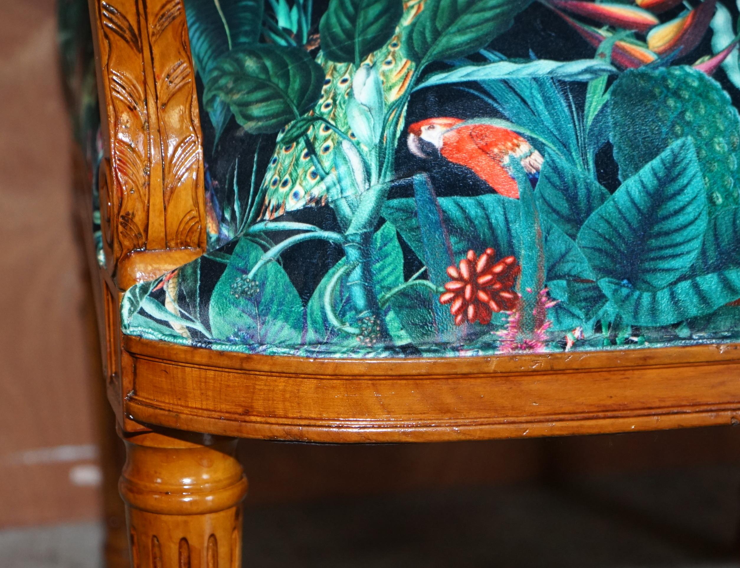 Lovely Vintage English Carver Walnut Armchair with Birds of Paradise Upholstery For Sale 10