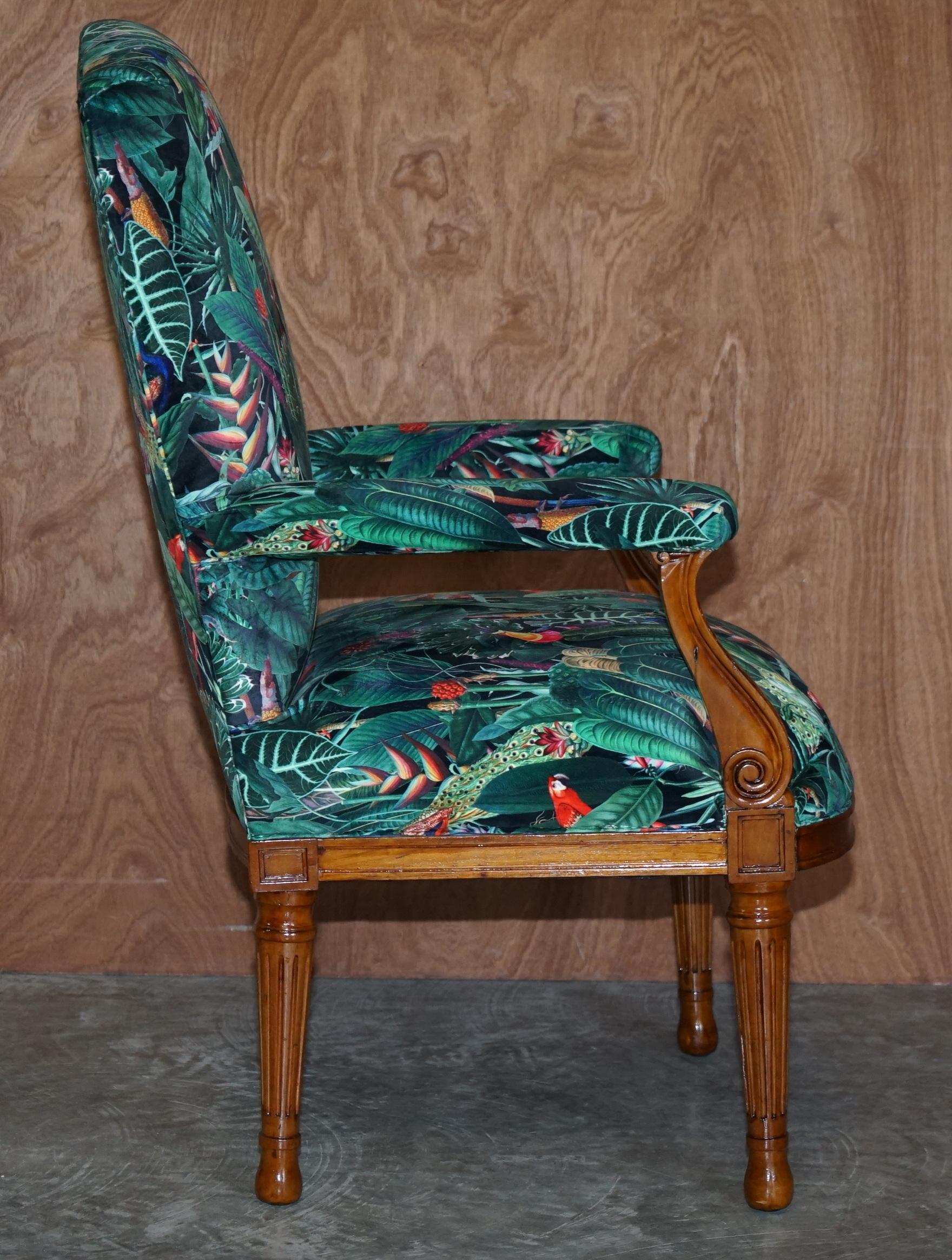 Lovely Vintage English Carver Walnut Armchair with Birds of Paradise Upholstery For Sale 11