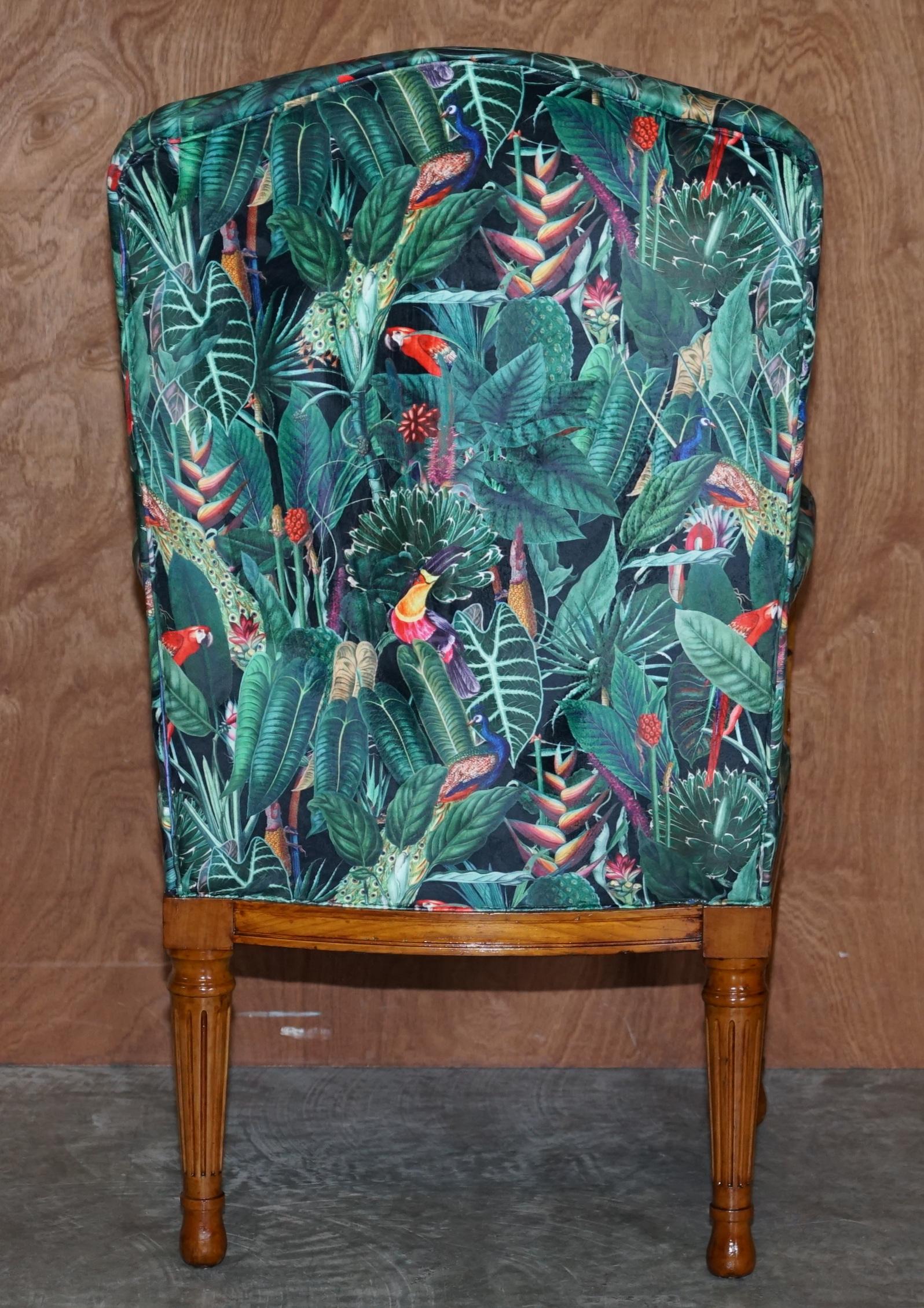 Lovely Vintage English Carver Walnut Armchair with Birds of Paradise Upholstery For Sale 13
