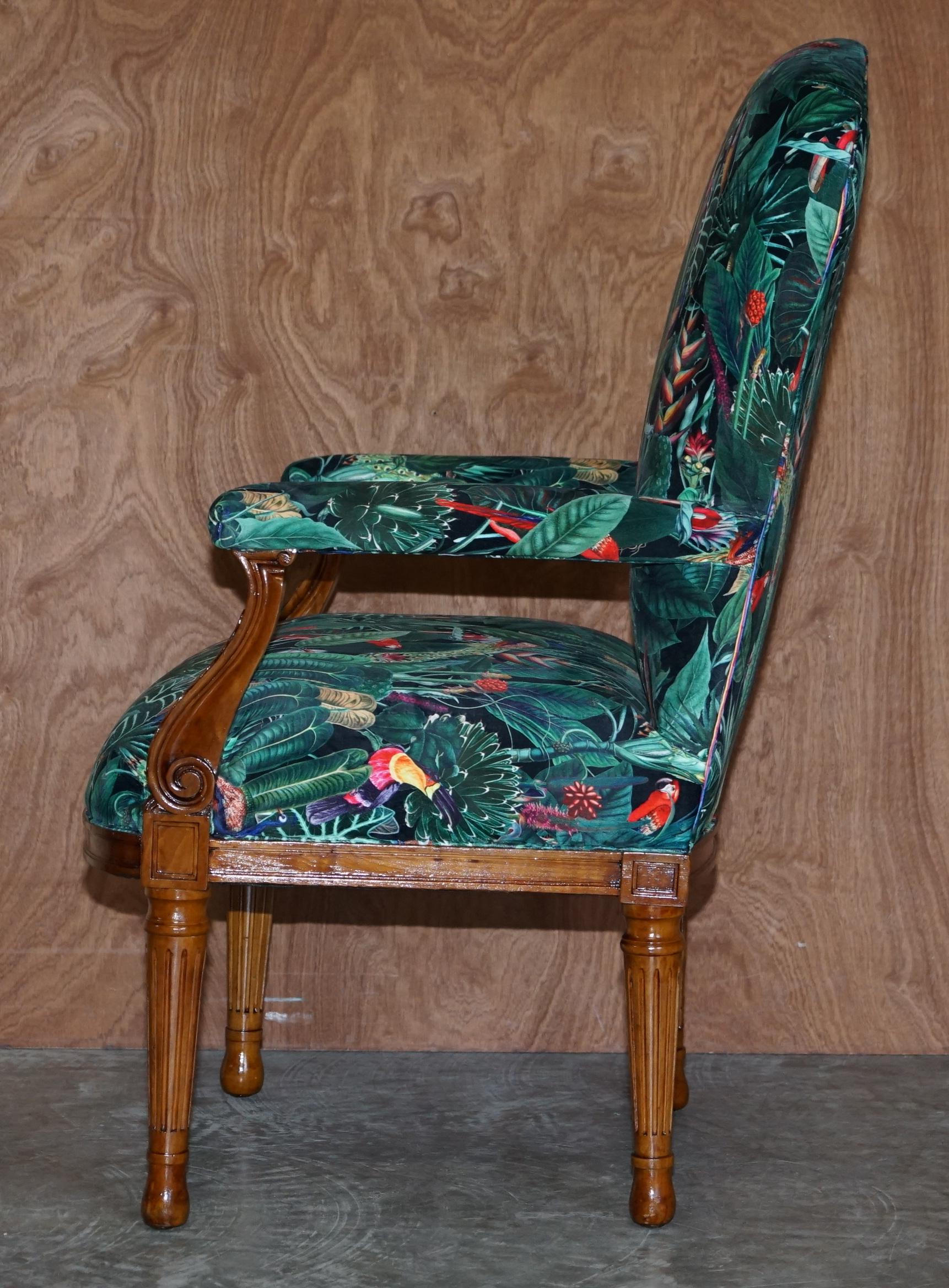 Lovely Vintage English Carver Walnut Armchair with Birds of Paradise Upholstery For Sale 15
