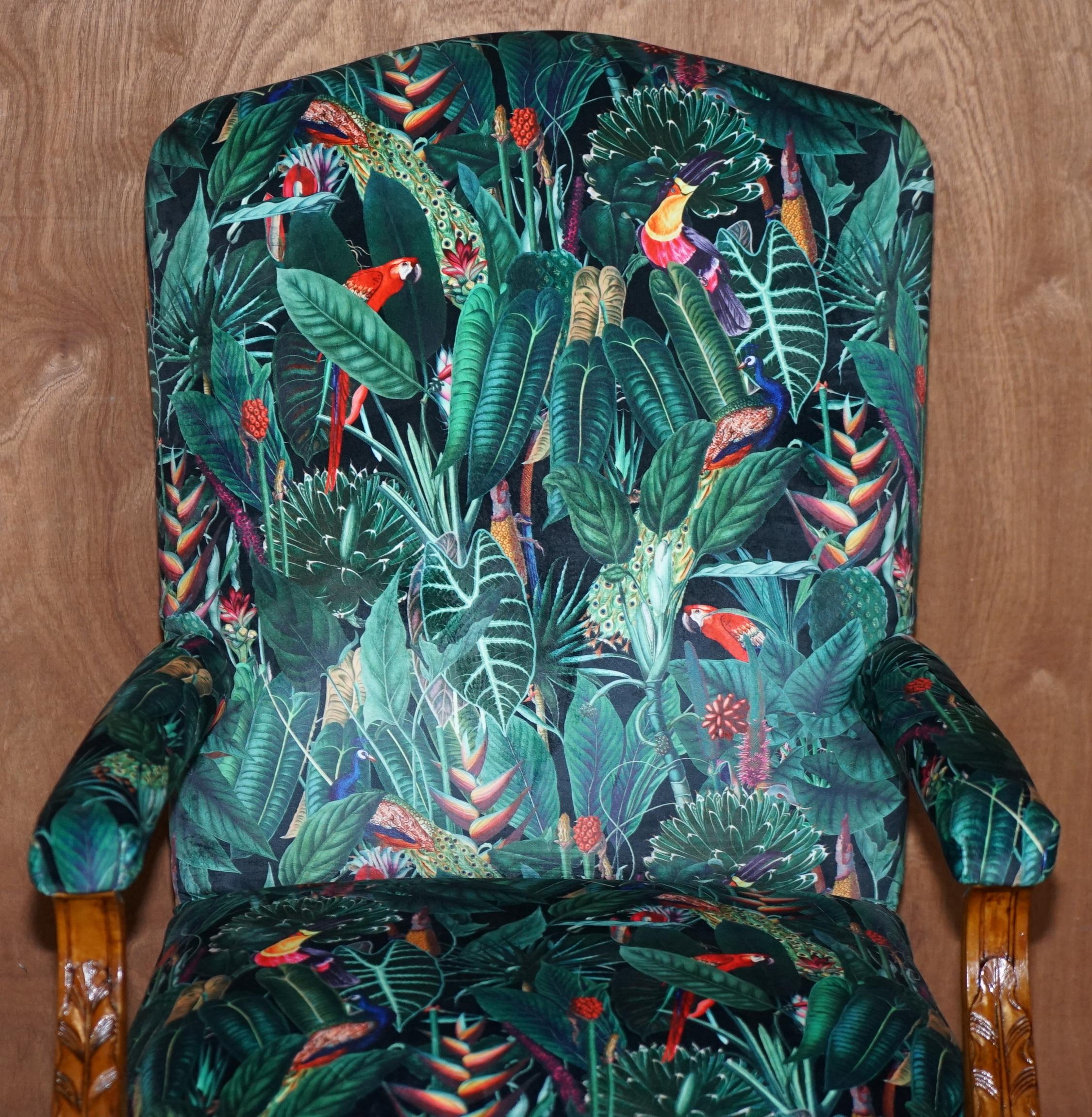 Country Lovely Vintage English Carver Walnut Armchair with Birds of Paradise Upholstery For Sale