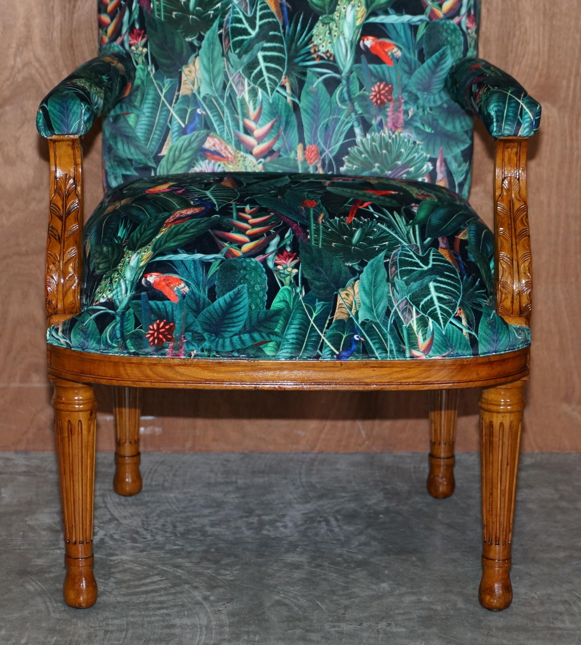 Hand-Crafted Lovely Vintage English Carver Walnut Armchair with Birds of Paradise Upholstery For Sale