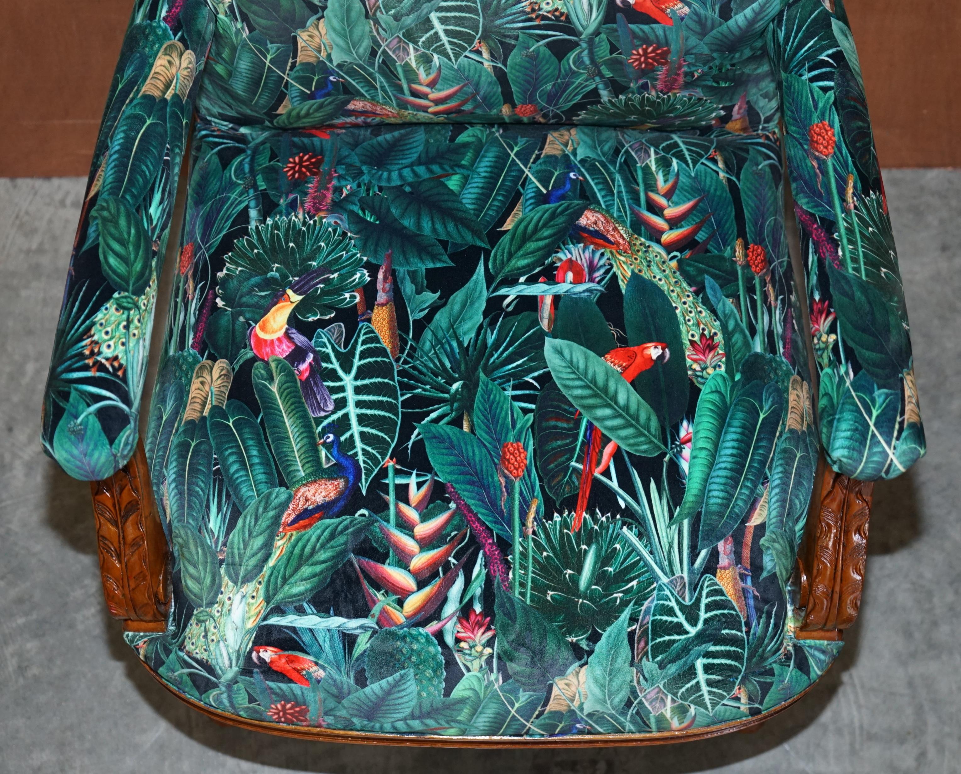 Lovely Vintage English Carver Walnut Armchair with Birds of Paradise Upholstery In Good Condition For Sale In West Sussex, Pulborough
