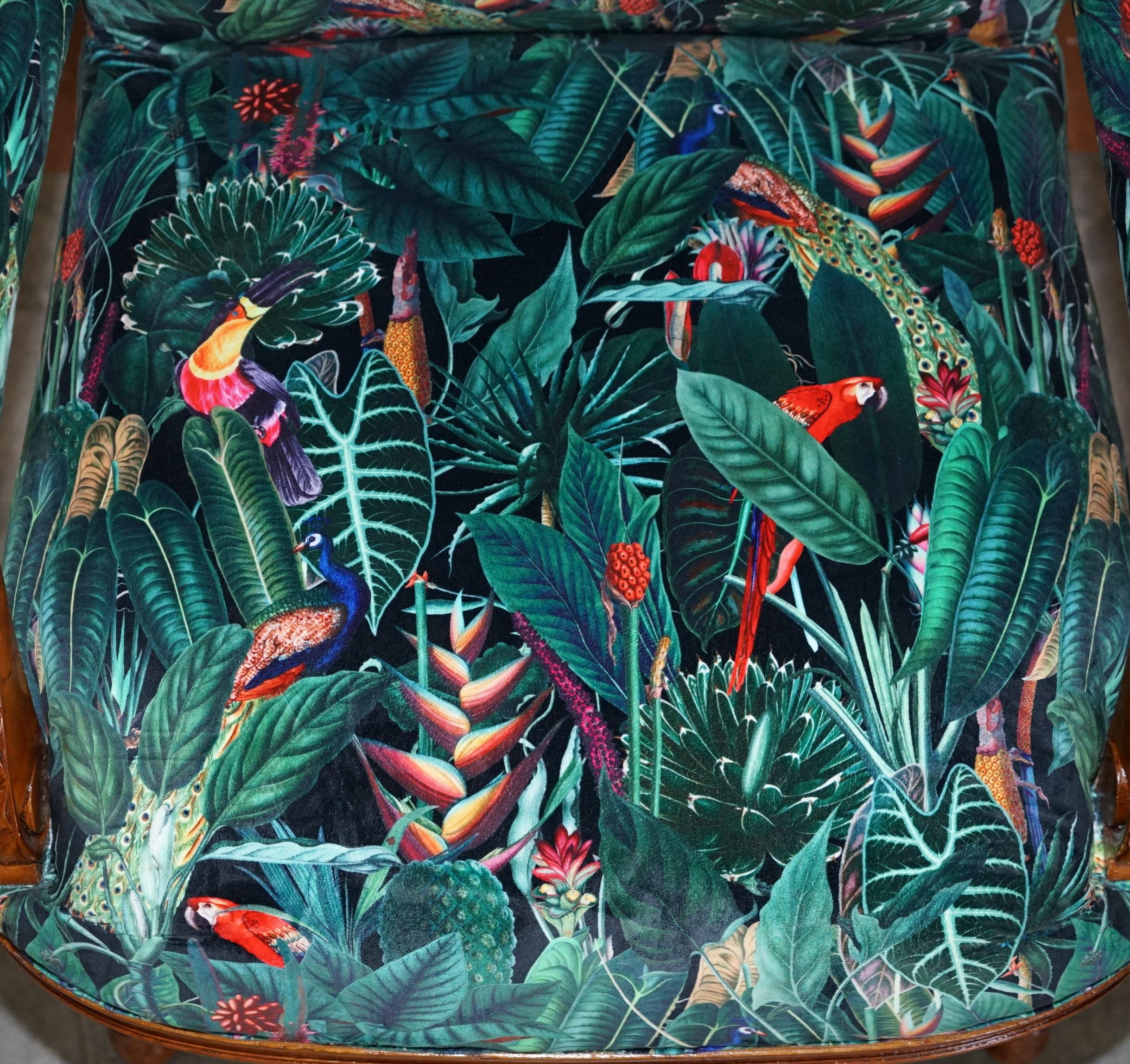 20th Century Lovely Vintage English Carver Walnut Armchair with Birds of Paradise Upholstery For Sale