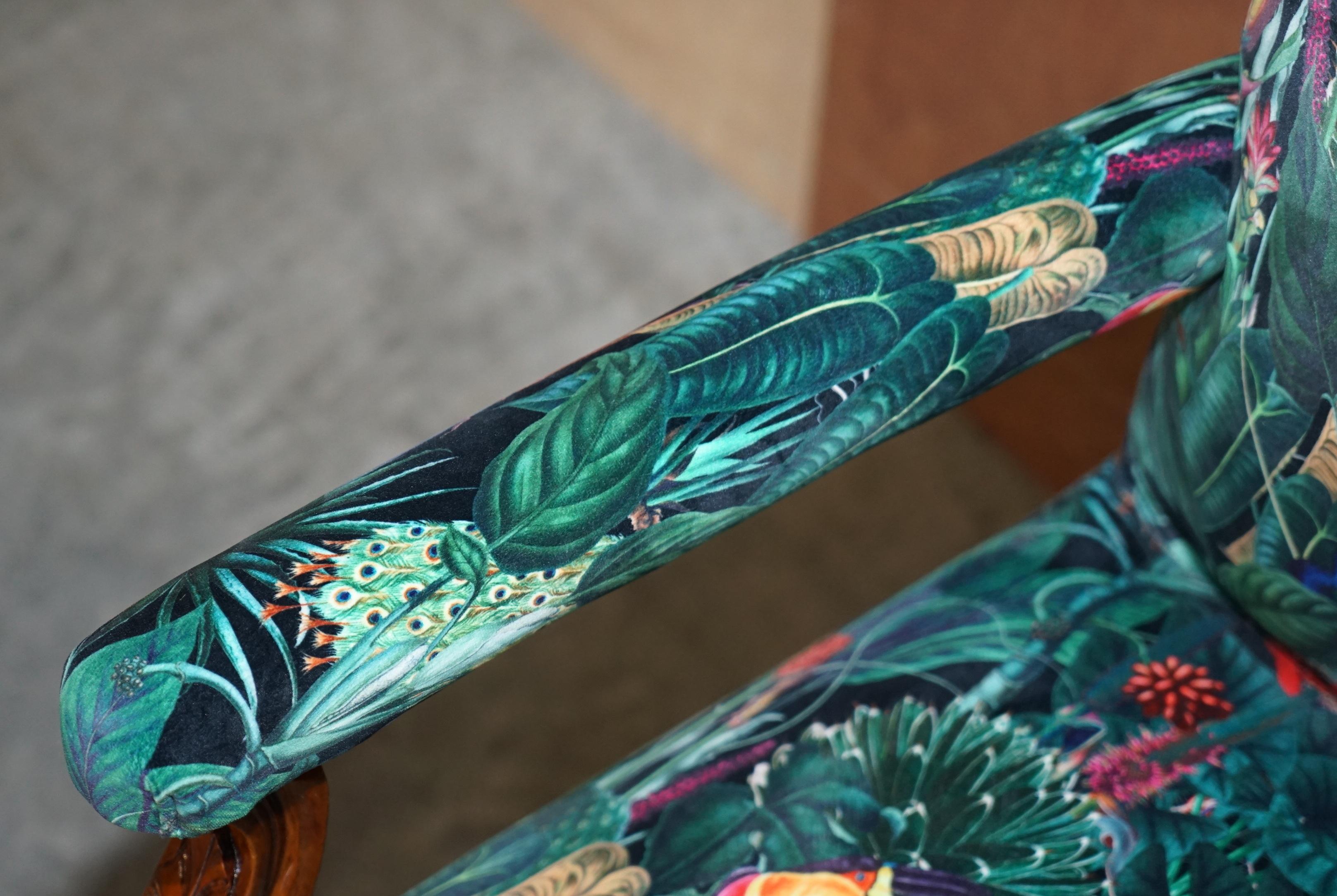 Lovely Vintage English Carver Walnut Armchair with Birds of Paradise Upholstery For Sale 2