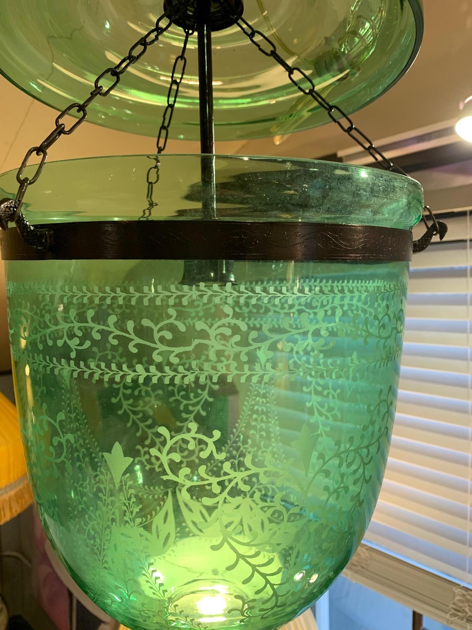 Mid-20th Century Lovely Vintage English Green Etched Glass Bell Jar Fixture