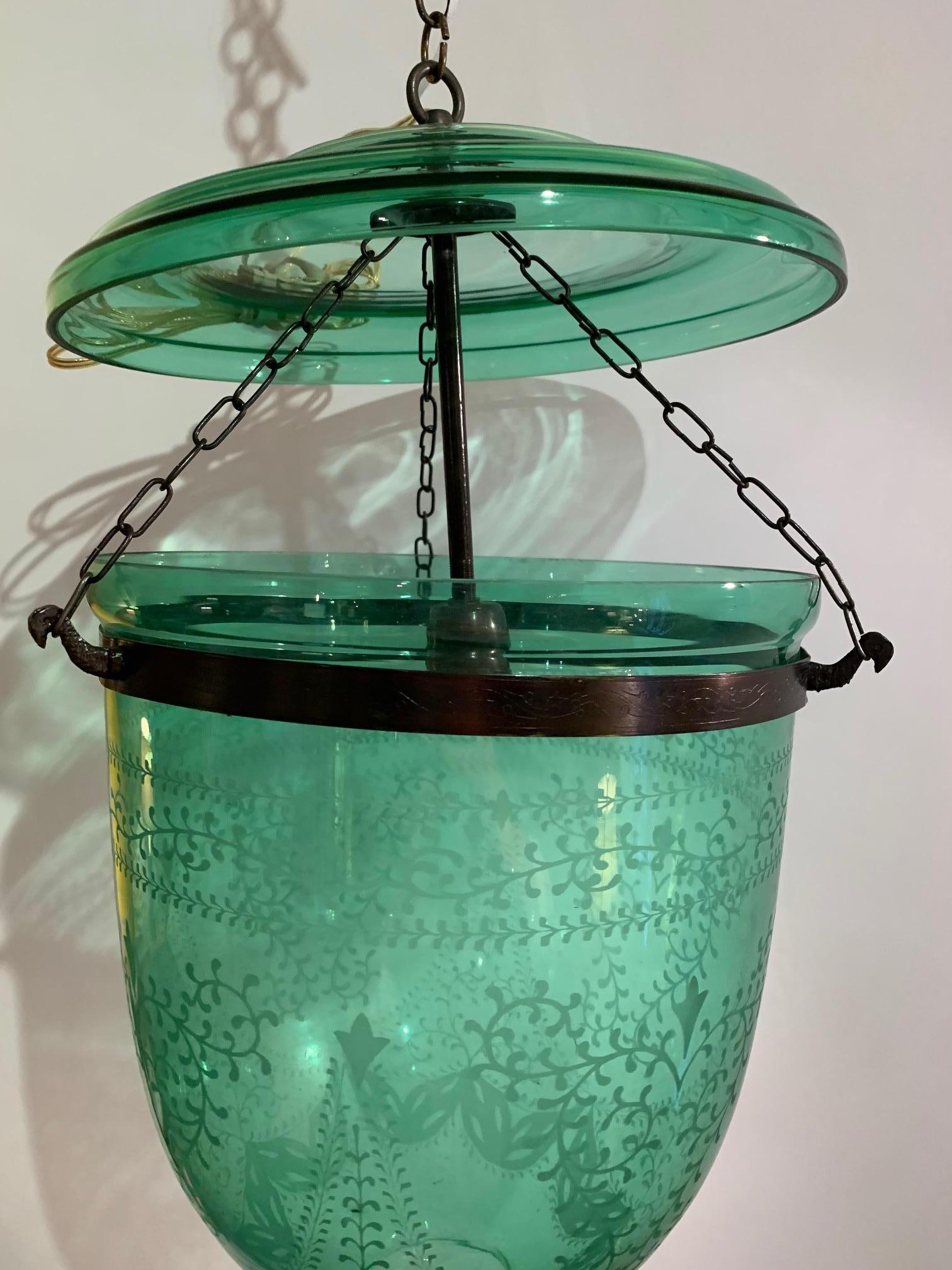 Lovely Vintage English Green Etched Glass Bell Jar Fixture 1