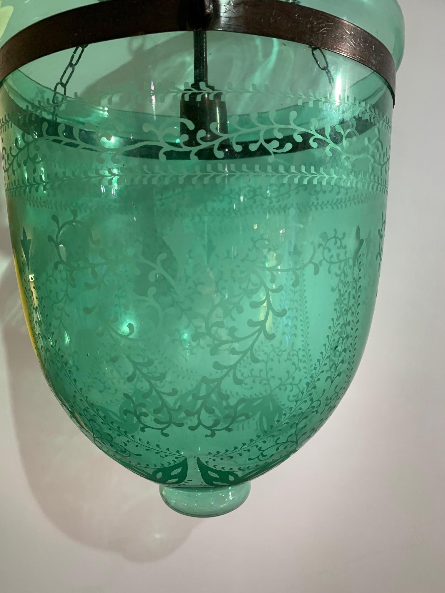 Lovely Vintage English Green Etched Glass Bell Jar Fixture 2