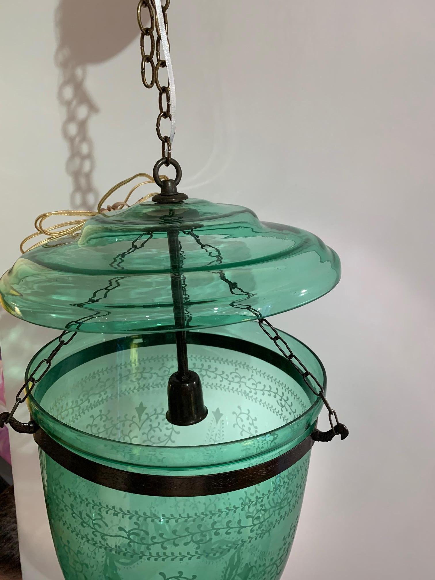 Lovely Vintage English Green Etched Glass Bell Jar Fixture 4