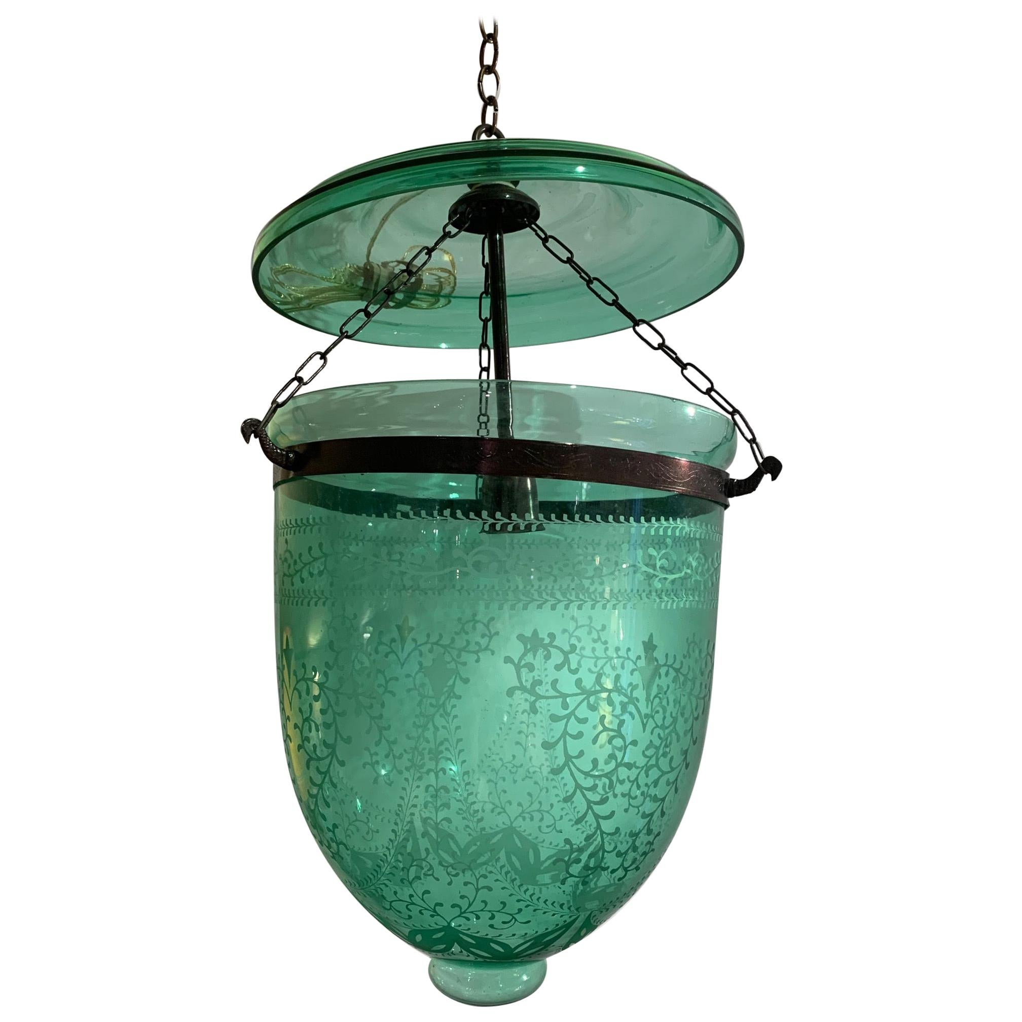 Lovely Vintage English Green Etched Glass Bell Jar Fixture