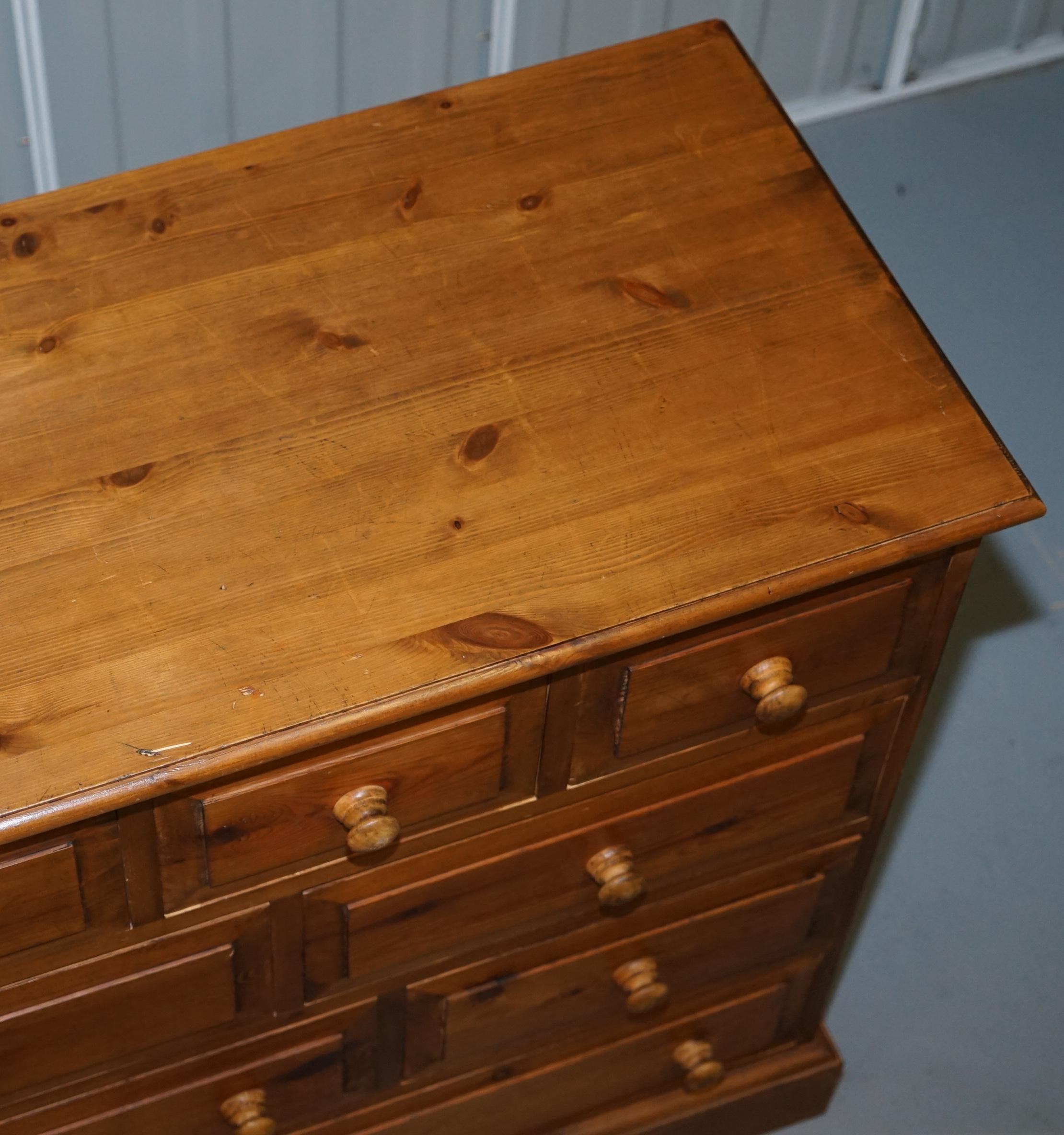 French Provincial Lovely Vintage Farmhouse Pine Sideboard Sized Bank or Chest of Staggered Drawers