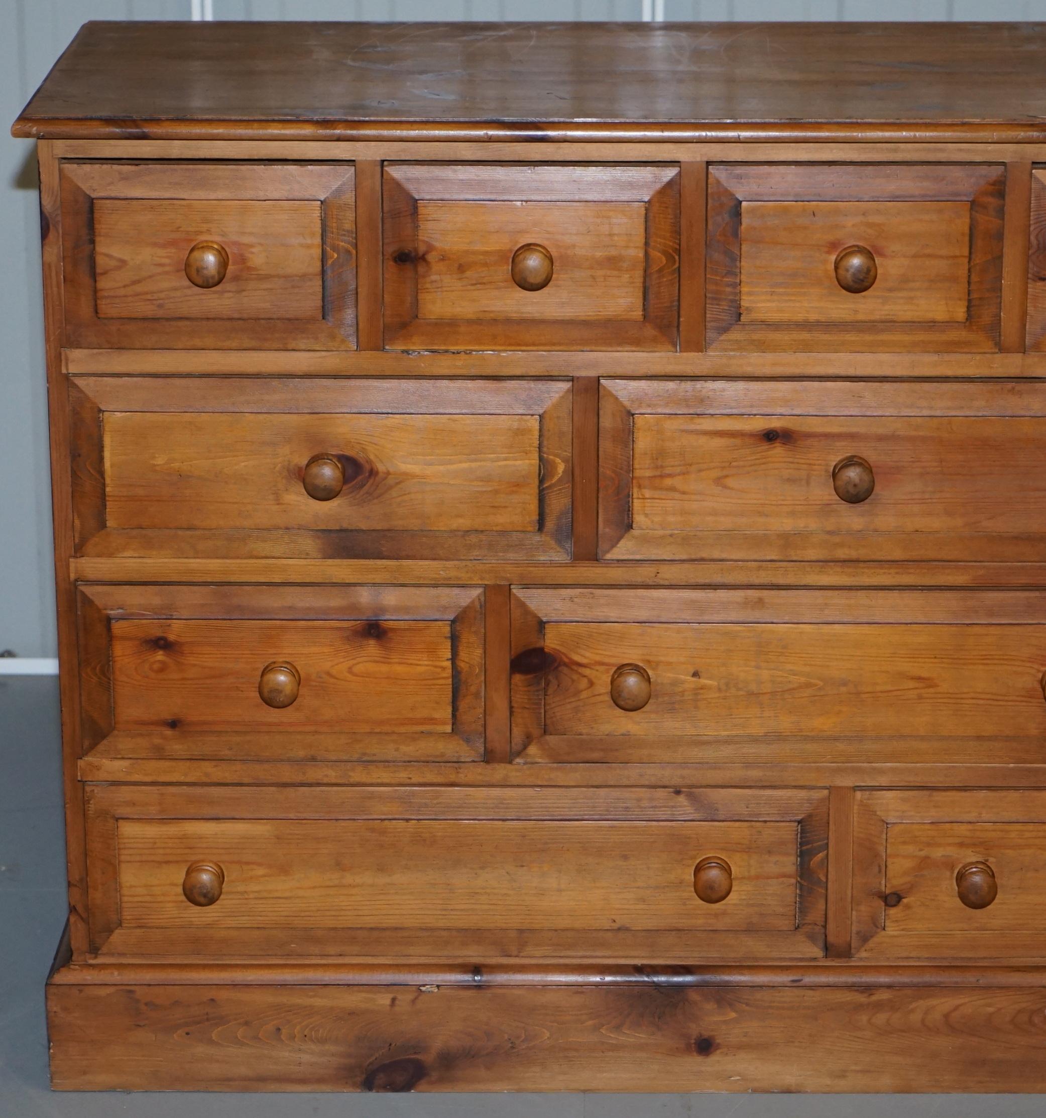 English Lovely Vintage Farmhouse Pine Sideboard Sized Bank or Chest of Staggered Drawers