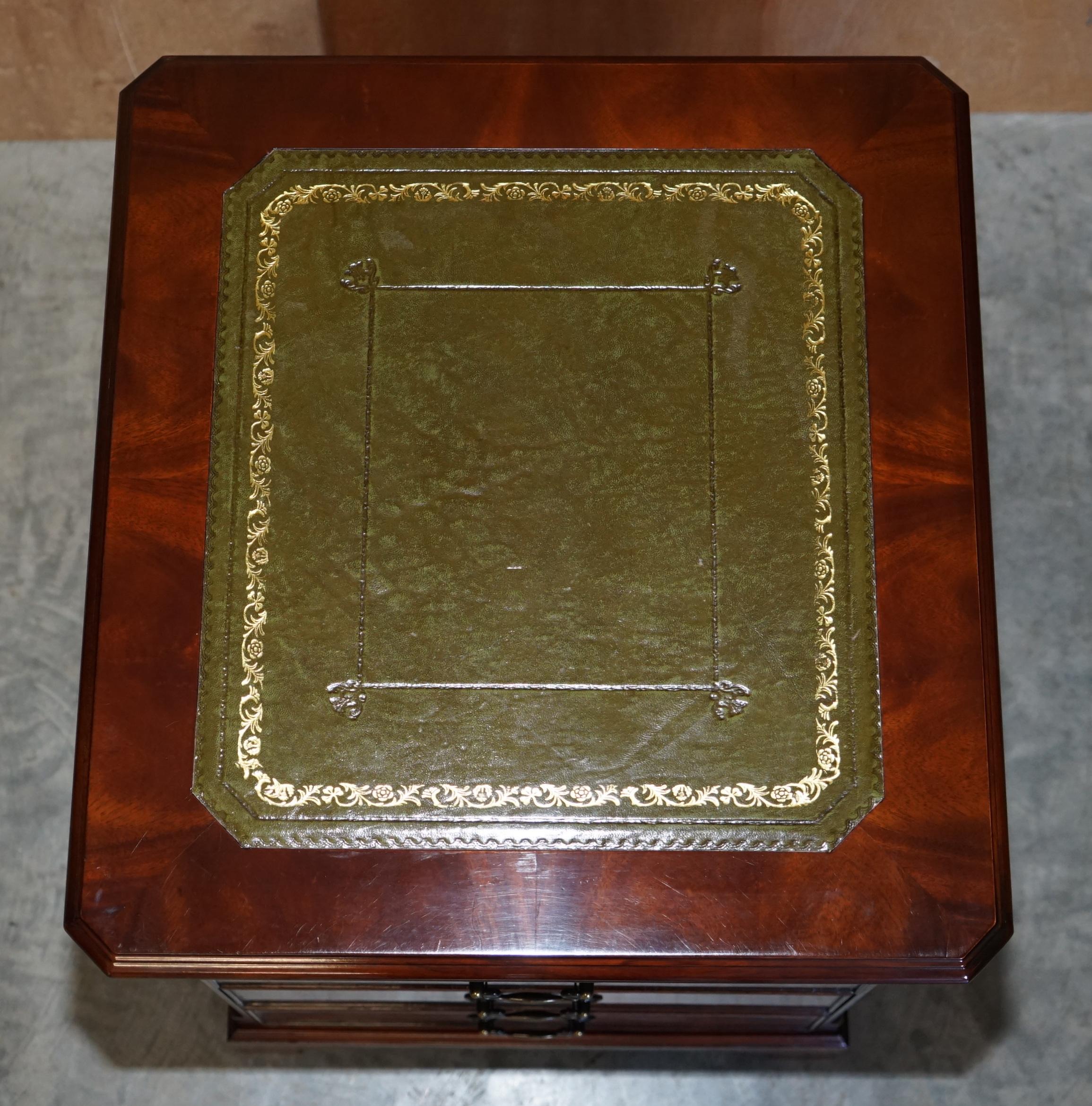 Mid-Century Modern Lovely Vintage Flamed Hardwood Green Leather Top Office Filing Cabinet Drawers