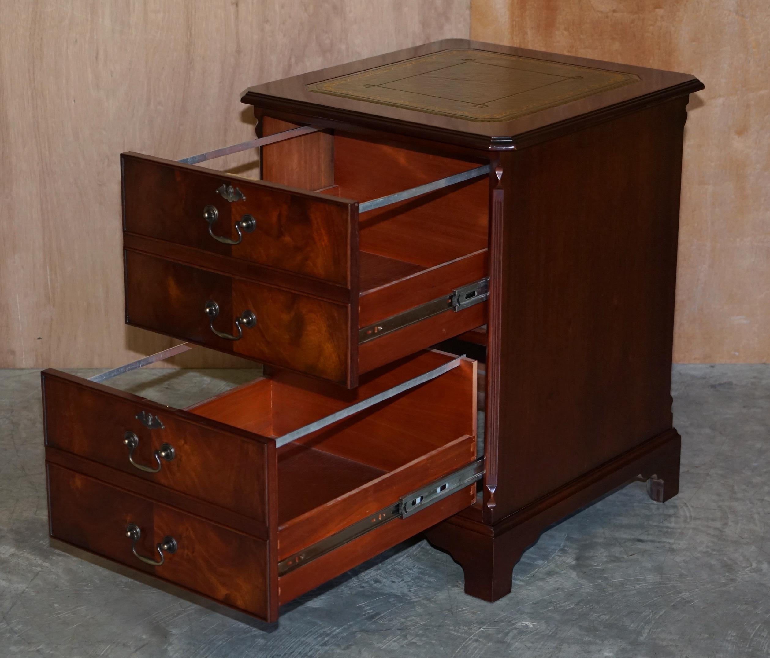 Lovely Vintage Flamed Hardwood Green Leather Top Office Filing Cabinet Drawers 2