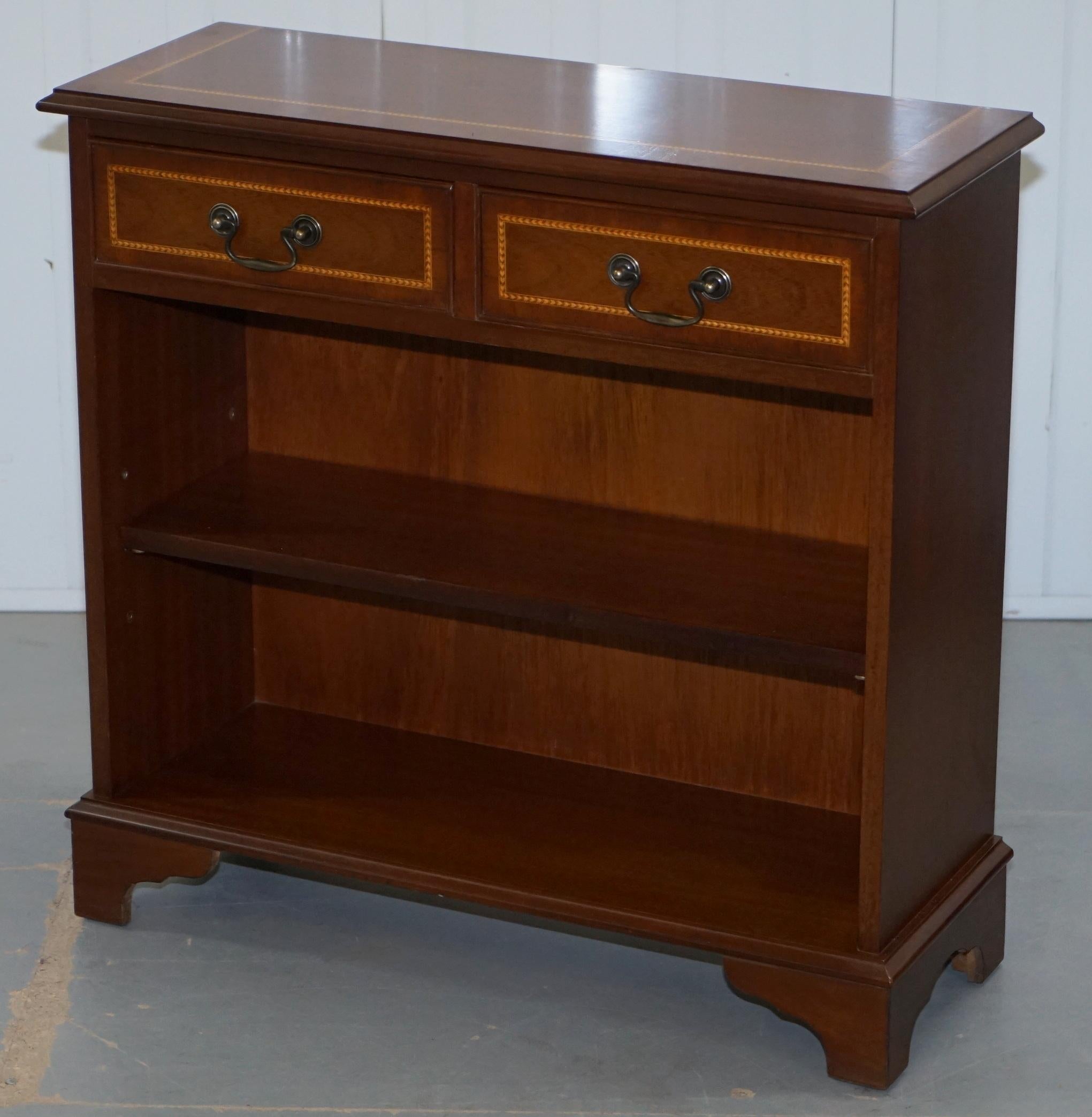 Modern Lovely Vintage Flamed Mahogany & Boxwood Library Bookcase Cabinet, Twin Drawers