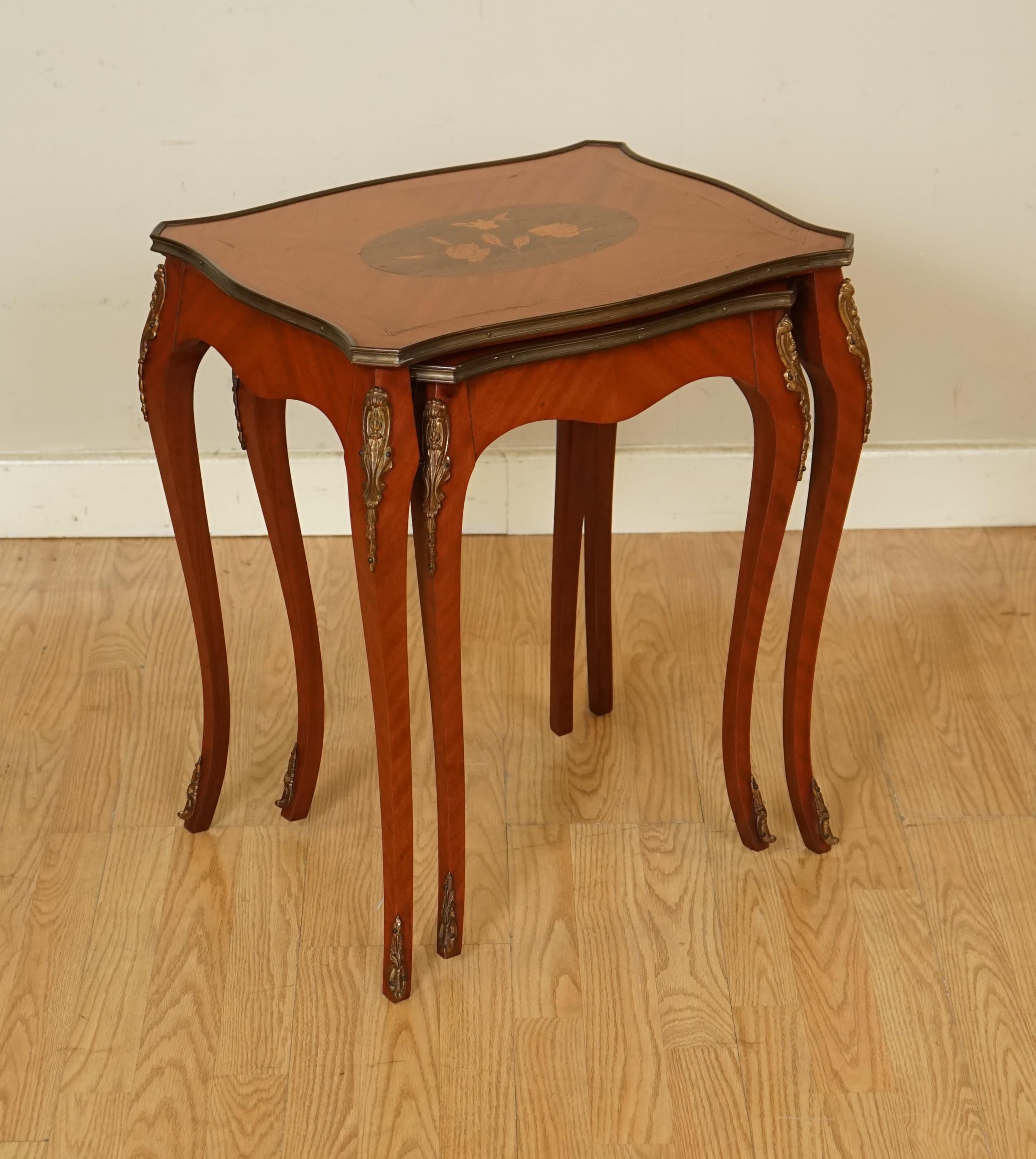 Hardwood Lovely Vintage French Inlaid Parquetry Set of 2 Nesting Tables For Sale
