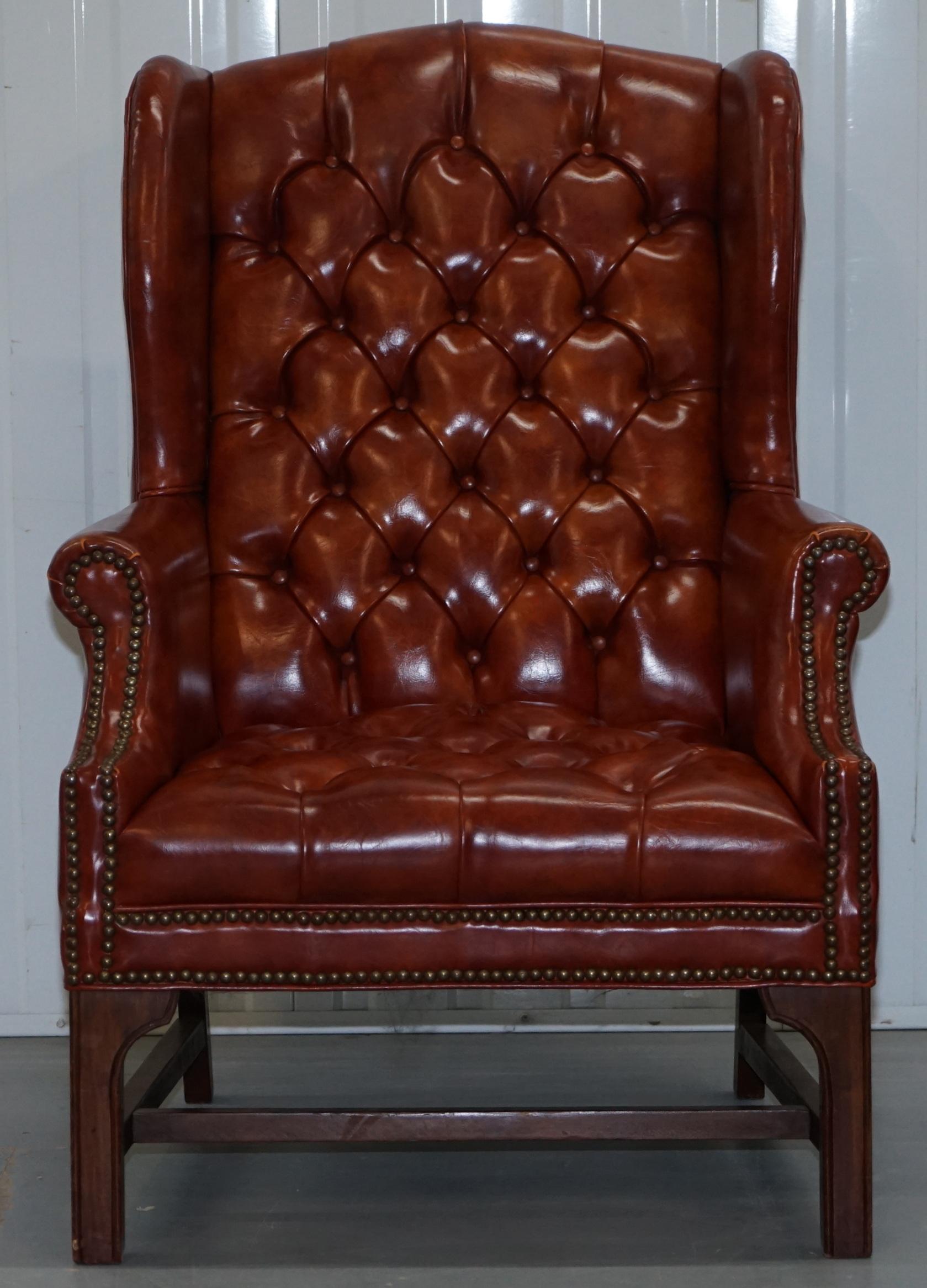 We are delighted to offer for sale very nice Chesterfield fully buttoned wingback armchair

A good looking well made and comfortable chair, the frame is what's called a Georgian H frame, its because if you lay the chair on its back and look at the